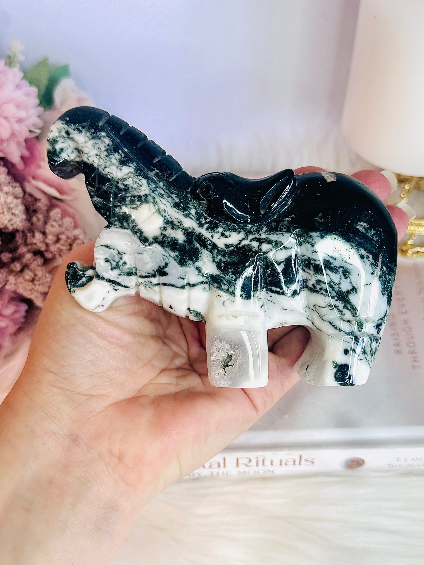 Beautiful Large Green Moss Agate Carved Hippopotamus 14cm 475grams