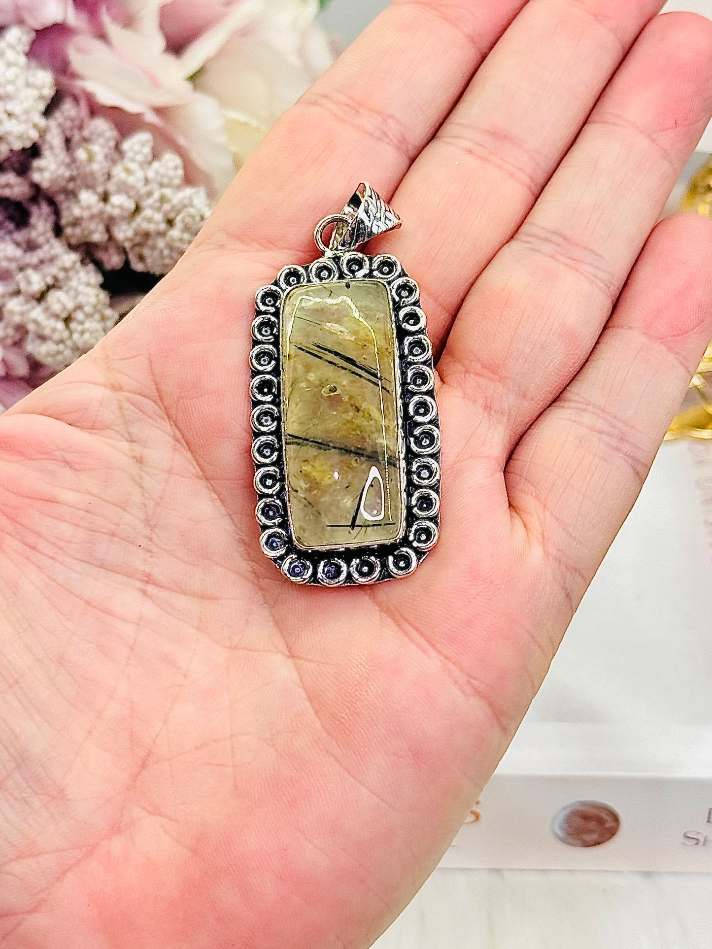 Large Natural Prehnite Pendant In Gift Bag