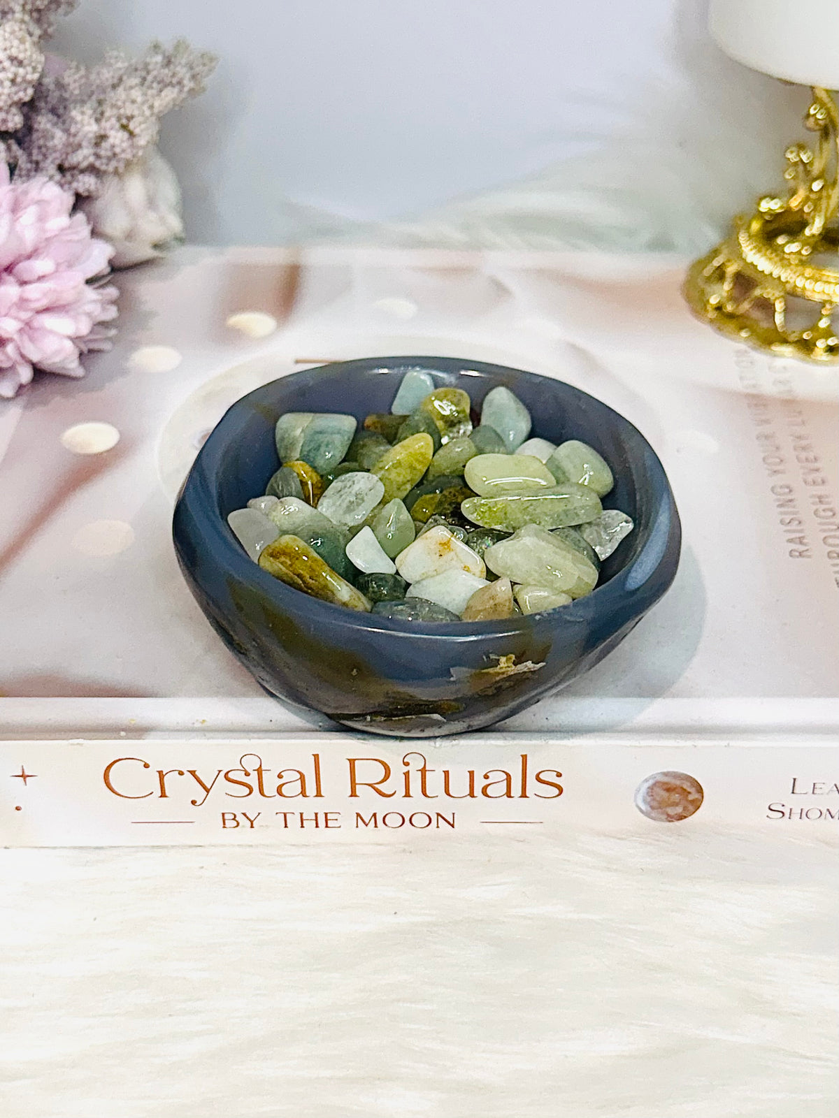 Agate Carved Bowl with Blue Calcite Chips 338g