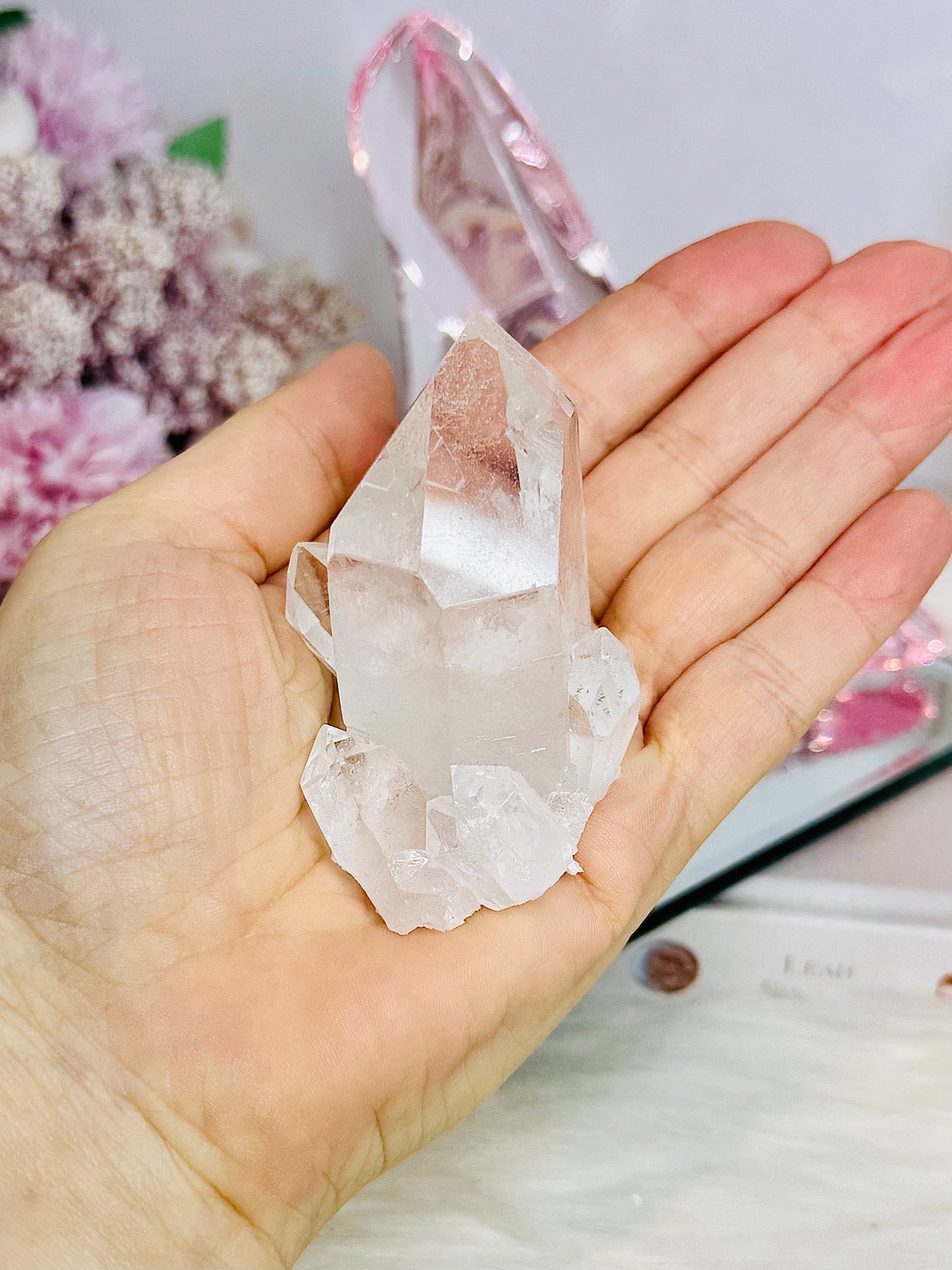 Gift Set ~ Large Mirror Tray 15cm, Large Pink Acrylic Shoe, Clear Quartz Cluster & Fire & Ice Quartz Sphere On Stand