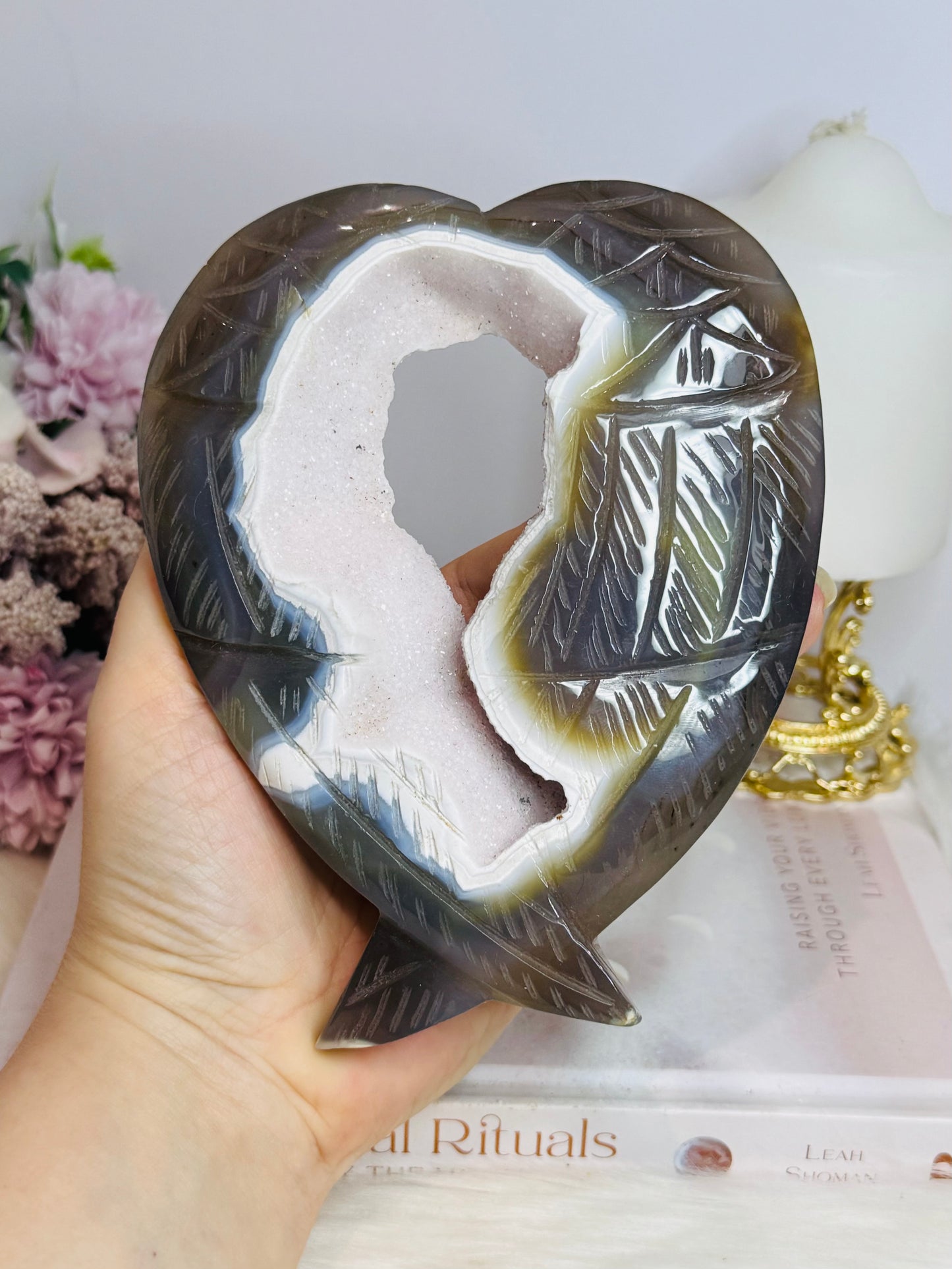 Agate Druzy Carved Heart Wings on Stand 20cm