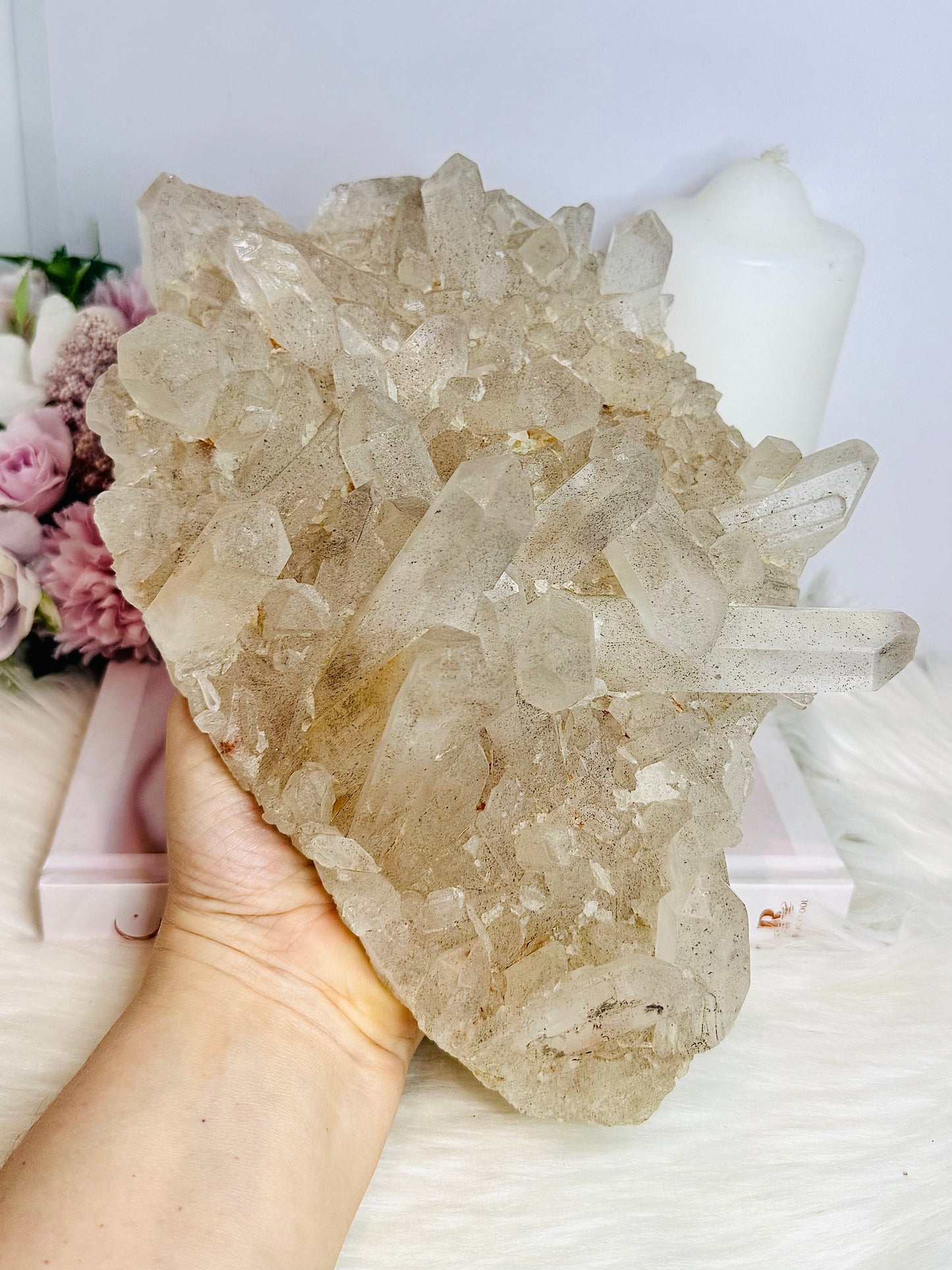 Huge Quartz  Cluster Specimen with Goethite Inclusions (black specks) 25cm 1.45KG