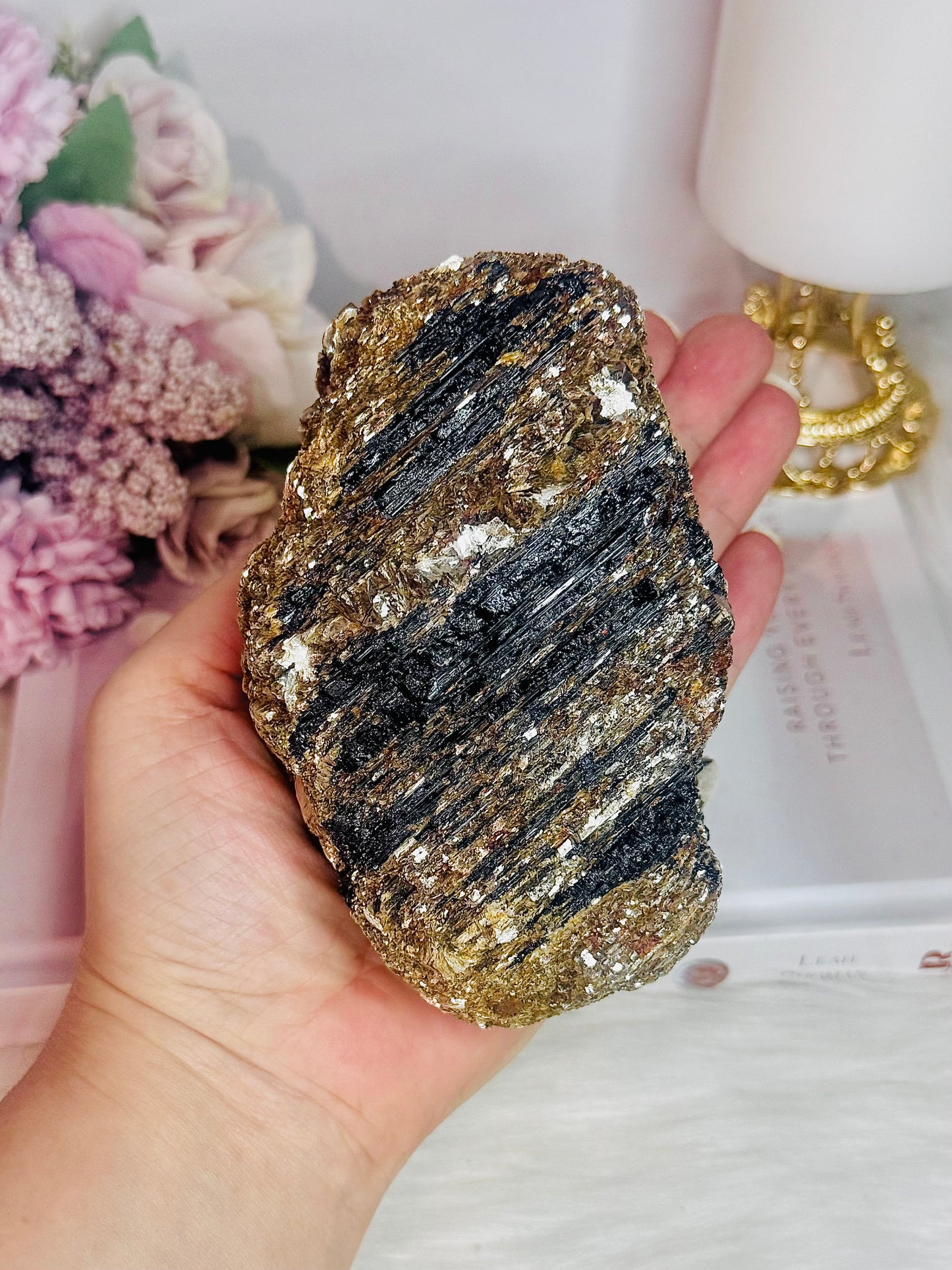 For Protection ~ Natural Large Black Tourmaline in Gold Mica Specimen 790grams