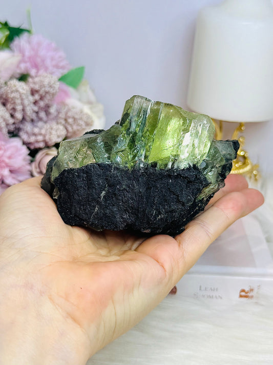 High Grade Transparent Green Fluorite Specimen on Matrix 505g