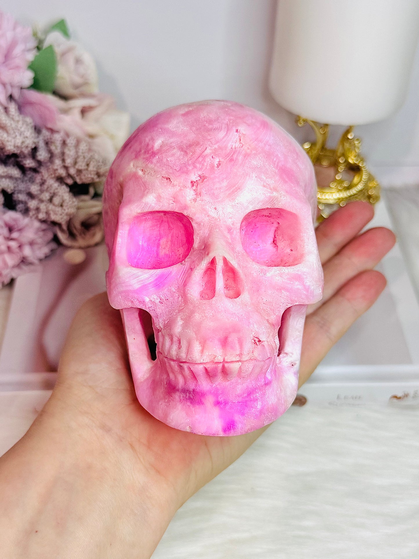 MASTERPIECE!! Absolutely Incredible Huge Natural Pink Oragonite Carved Skull 1.06KG 13cm
