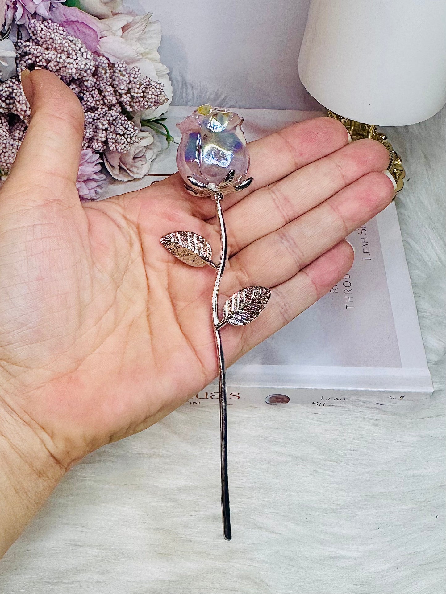 ⚜️ SALE ⚜️ Aura Rose Quartz Carved Forever Rose 15cm with Silver Stem $15 each