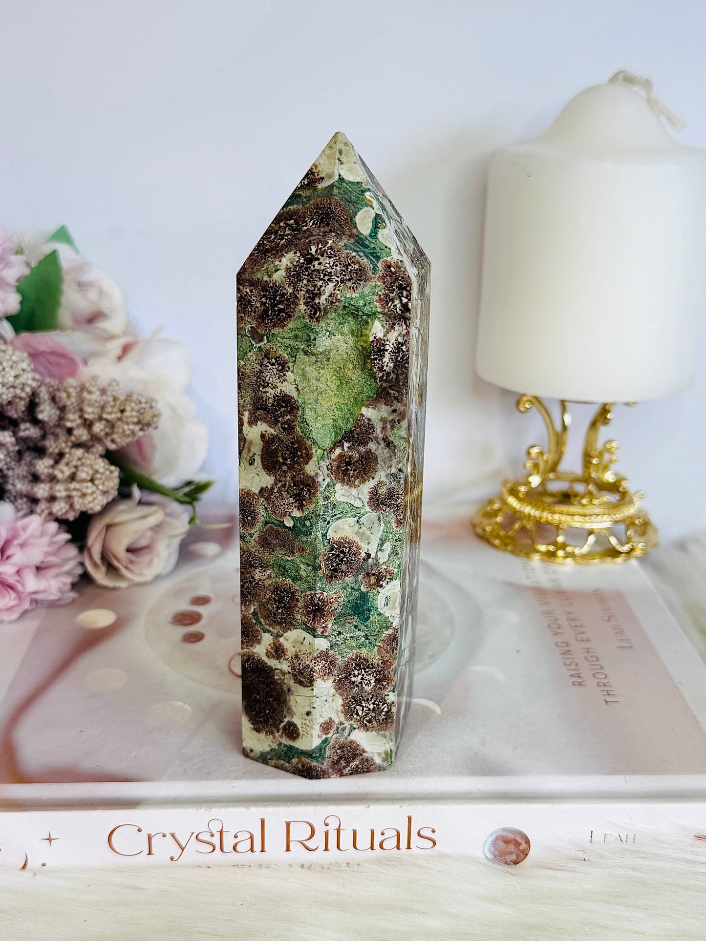 Green Firework Agate Large Tower 15cm ~ Reduced as chip on side