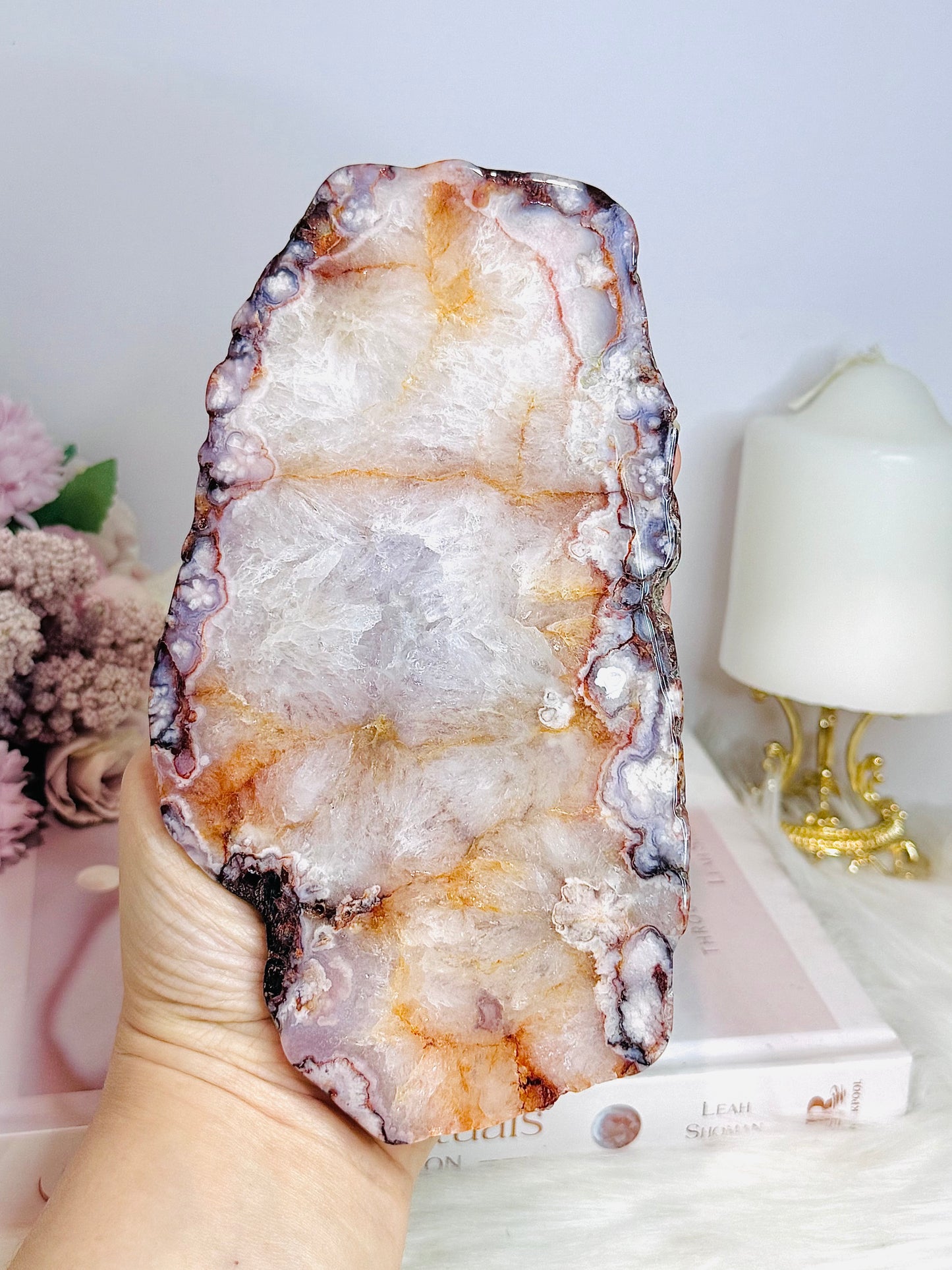 Polished Flower Agate Slab On Stand 19cm
