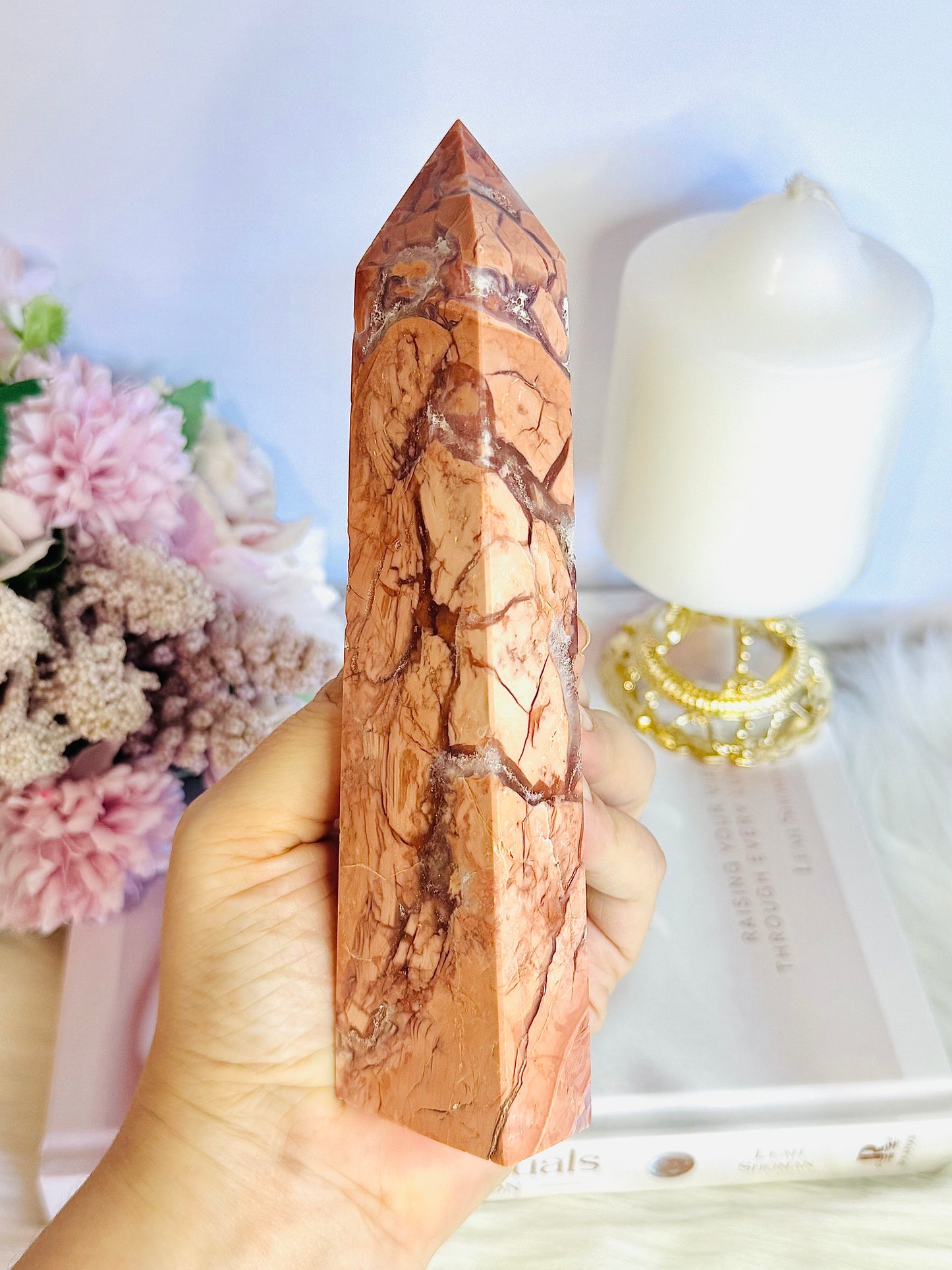 Gorgeous Large 16.5cm Natural Pink Cotton Candy Agate Carved Tower