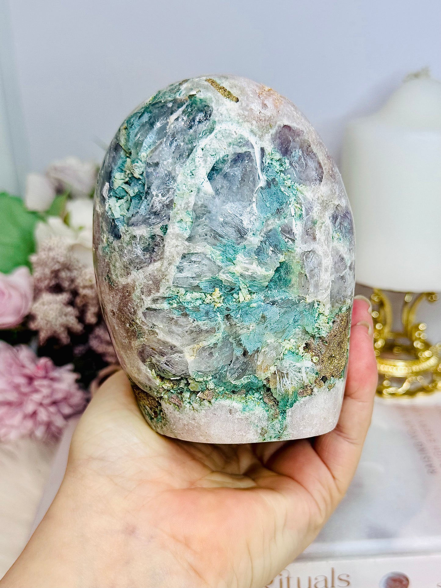 Large Natural Pink Amethyst Base Cut Freeform Cluster with Green Jasper Inclusions 962g