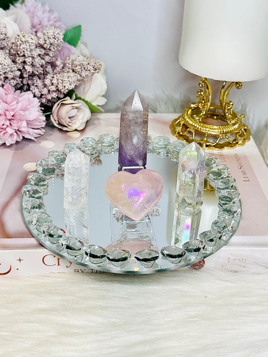 Gift Set ~ Diamanté Mirror Tray 14cm witg Amethyst Tower, 2 Clear Quartz Angel Aura Towers & Angel Aura Rose Heart