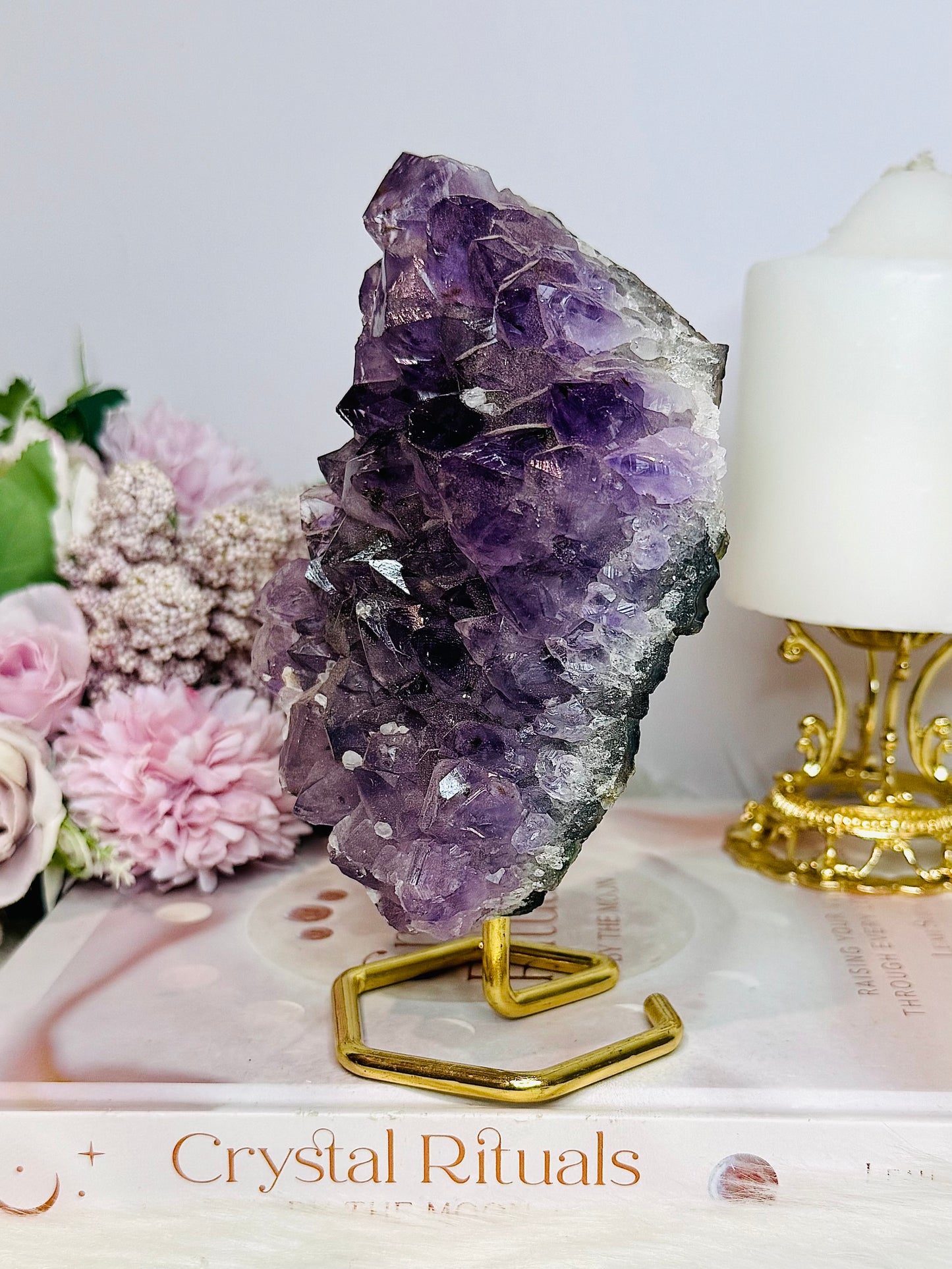 Large Natural Amethyst Cluster On Gold Stand 16cm 625g