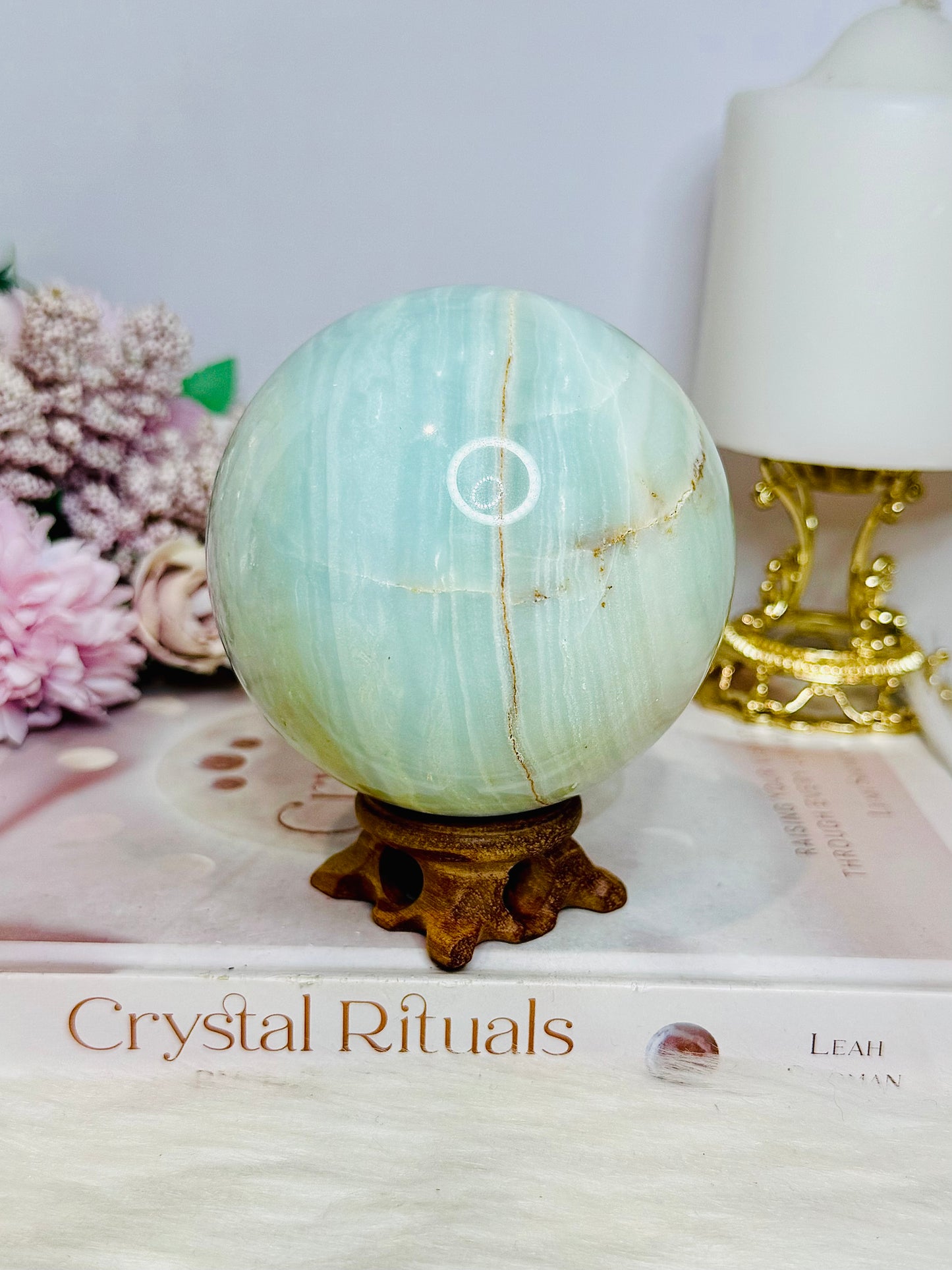 Large Caribbean Calcite Sphere 829g On Stand