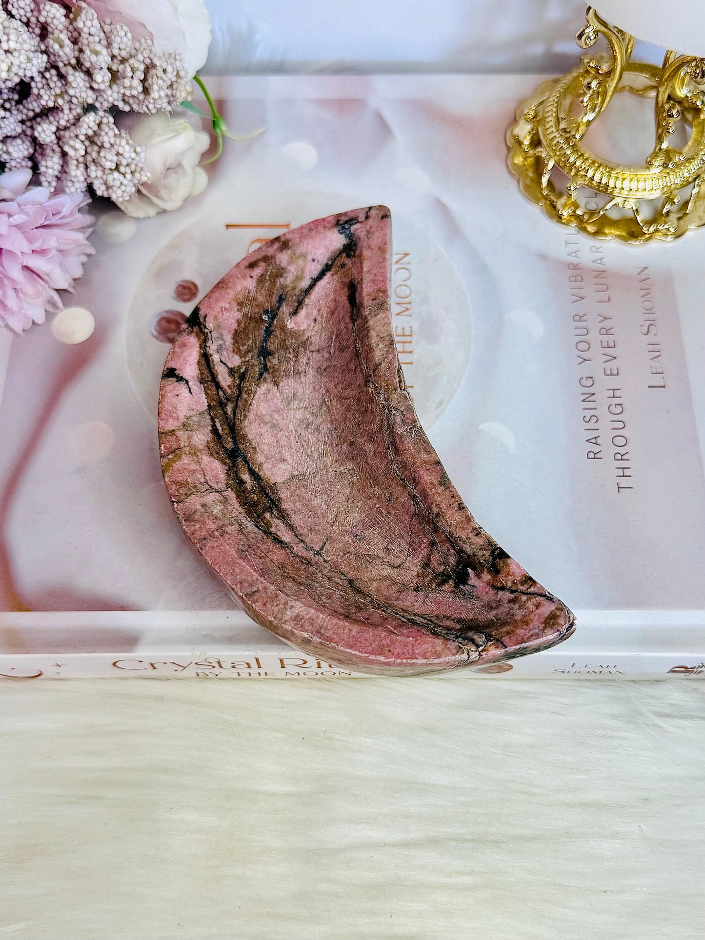 Chunky Large Rhodonite Carved Moon Bowl 12cm 559grams