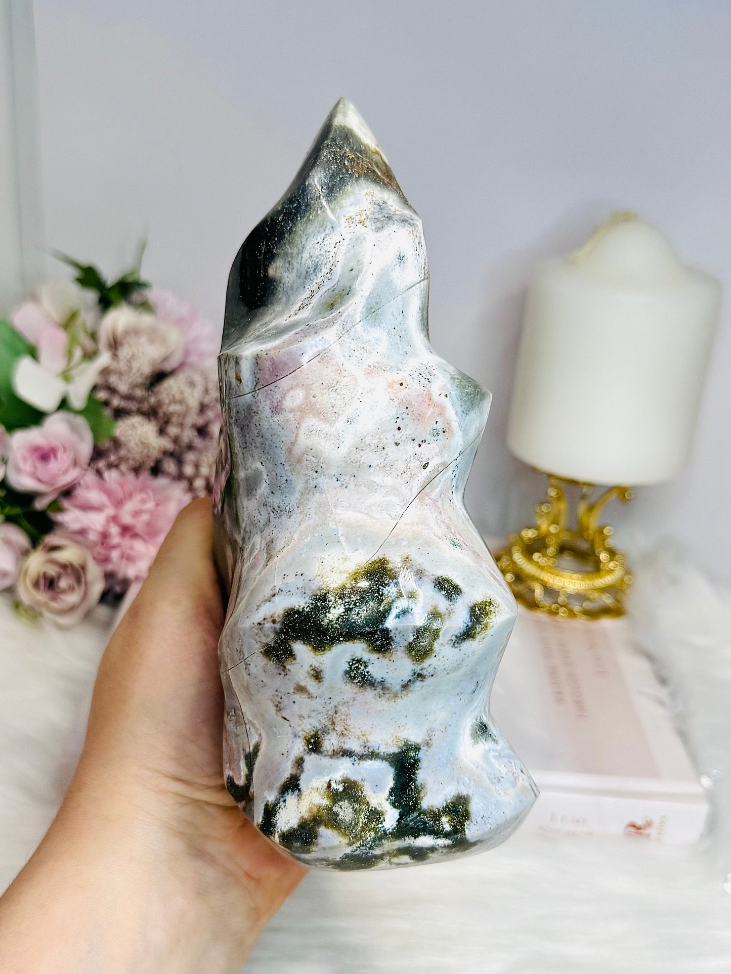 Large Ocean Jasper Carved Flame 17.5cm 1.49KG