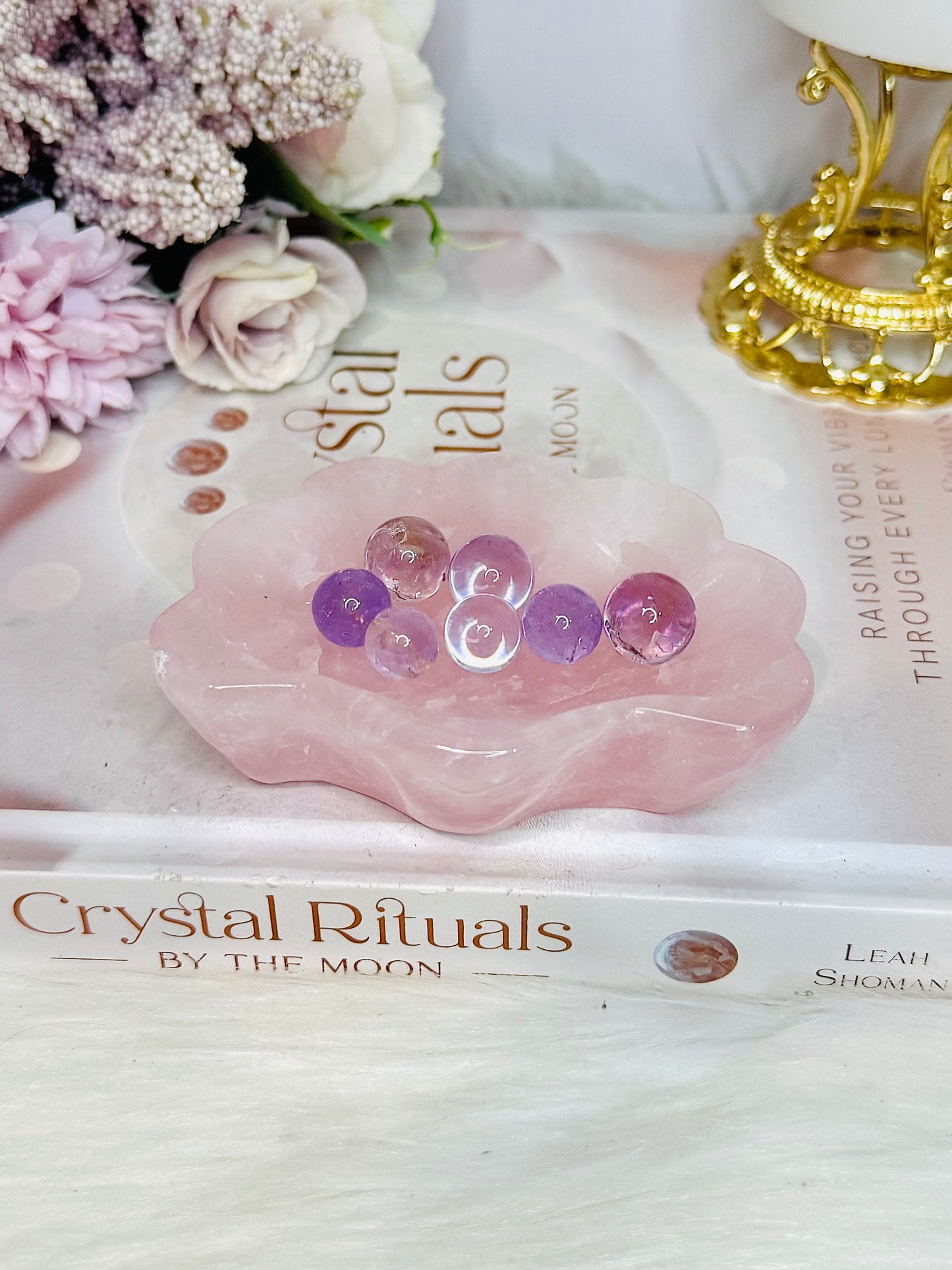 Rose Quartz Carved. Chunky Shell with Mini Amethyst Spheres 9cm