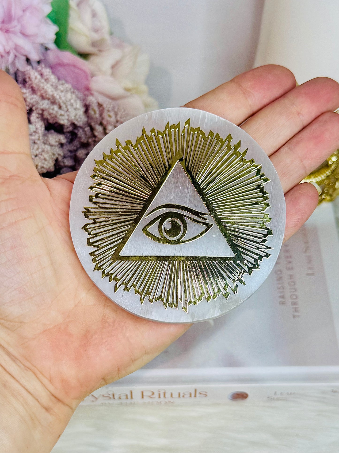 Amazing Selenite Slab with Gold Evil Eye Carving on Stand 8cm