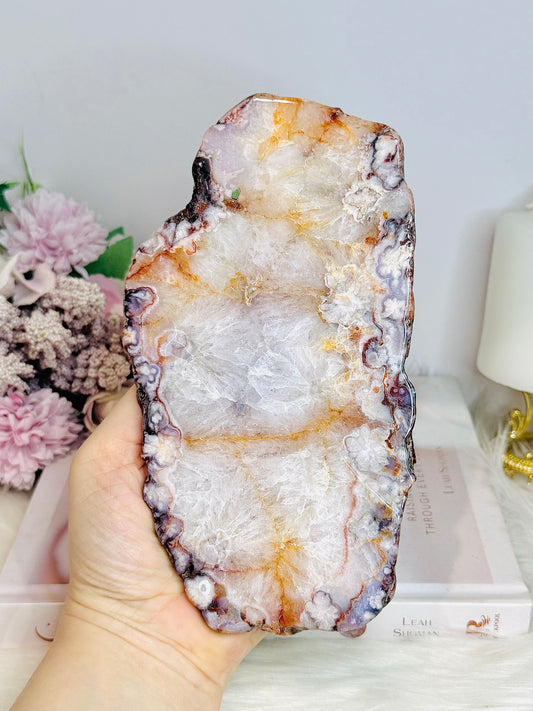 Polished Flower Agate Slab On Stand 19cm
