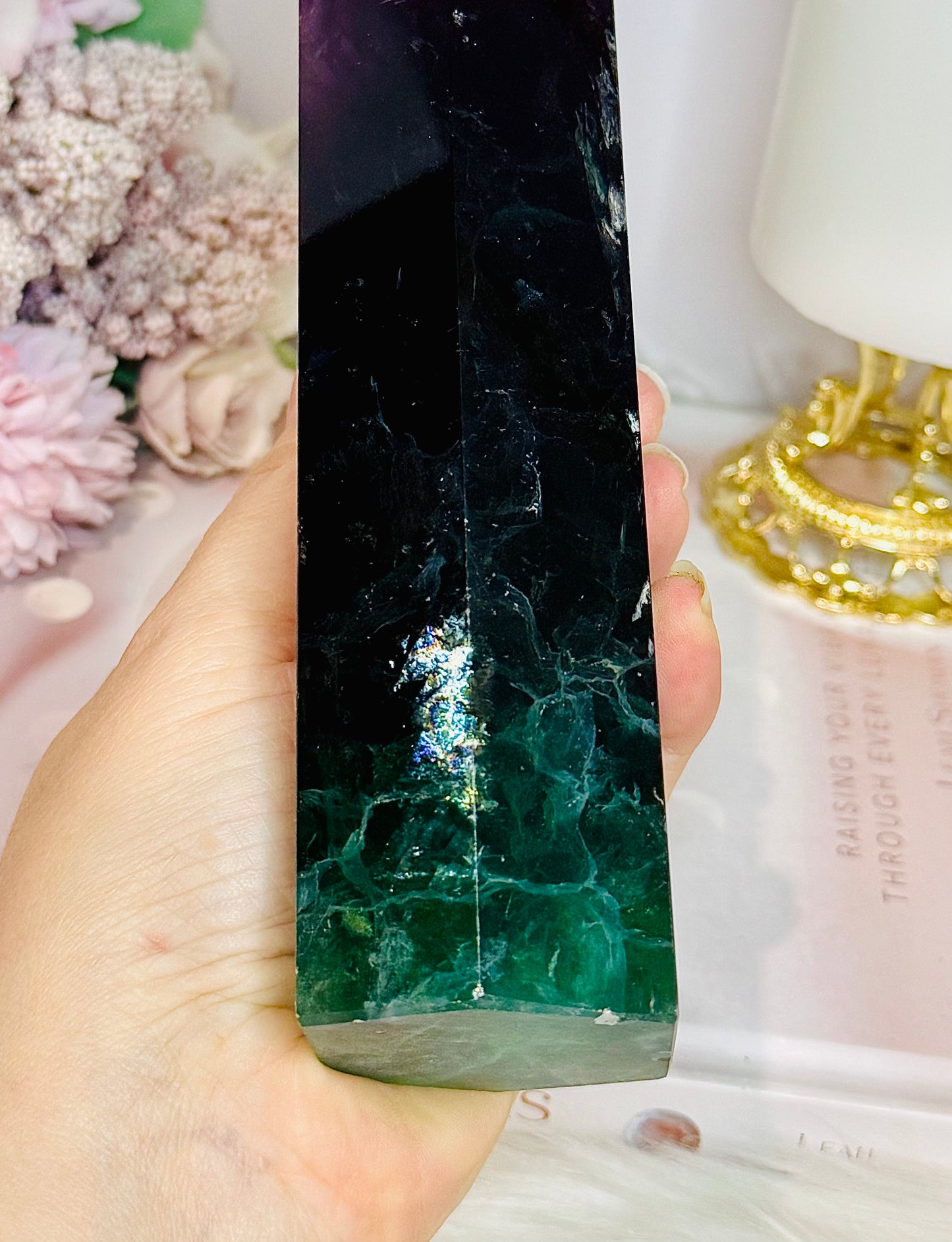 Large Purple & Green Chunky Fluorite Tower with Rainbows 19.5cm 943g