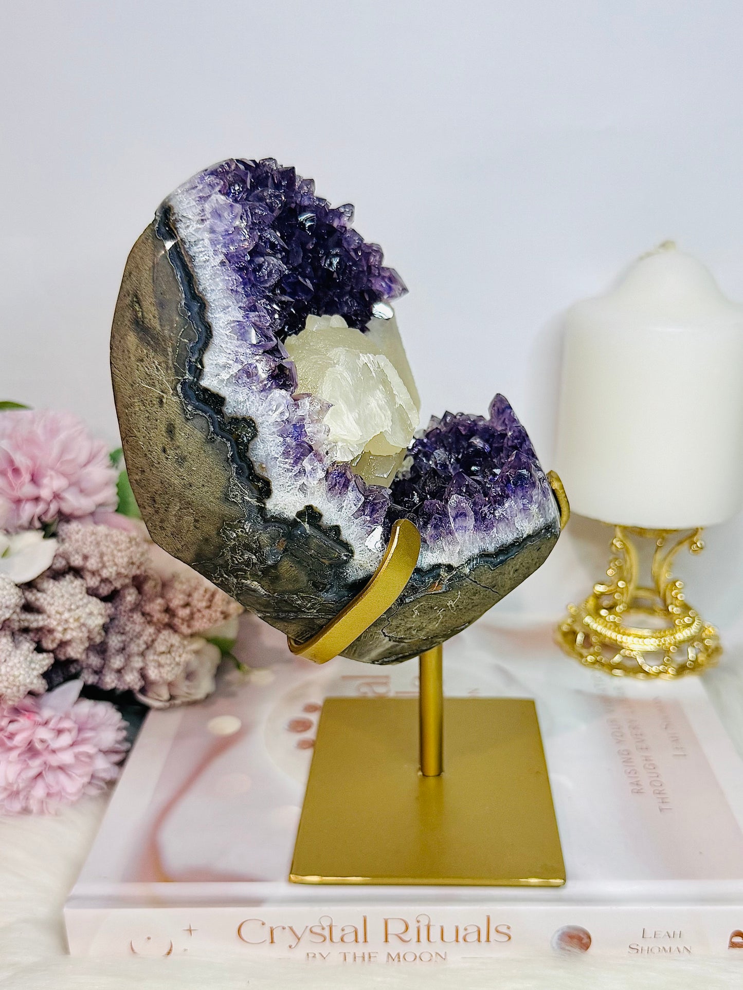 Huge Stunning High Grade Deep Purple Amethyst Cluster with Calcite Inclusion On Gold Stand 21cm 1.5KG