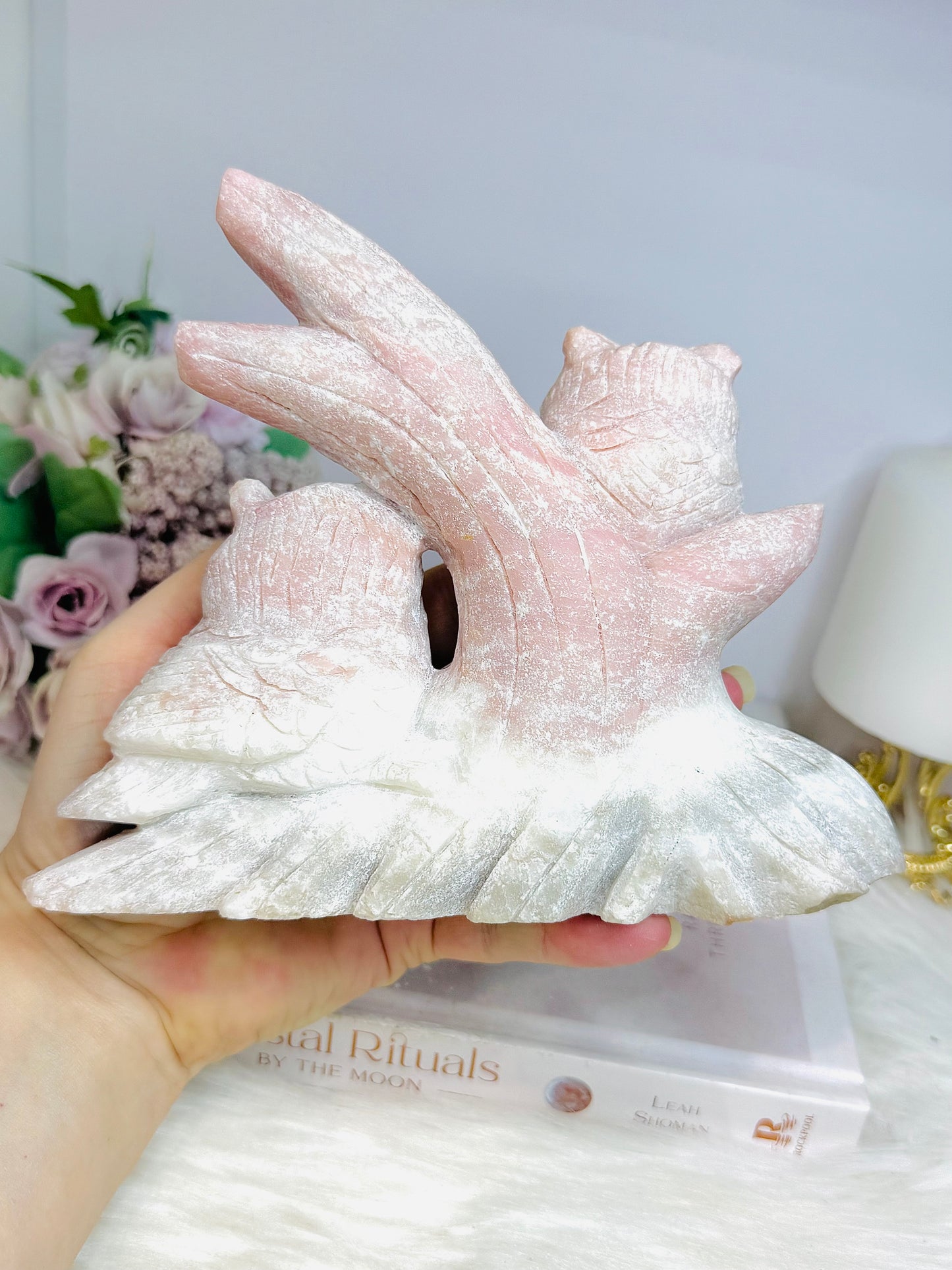 ✨ SALE ✨ Incredibly Carved Huge Pink Opal Owls 17.5cm 1.36KG