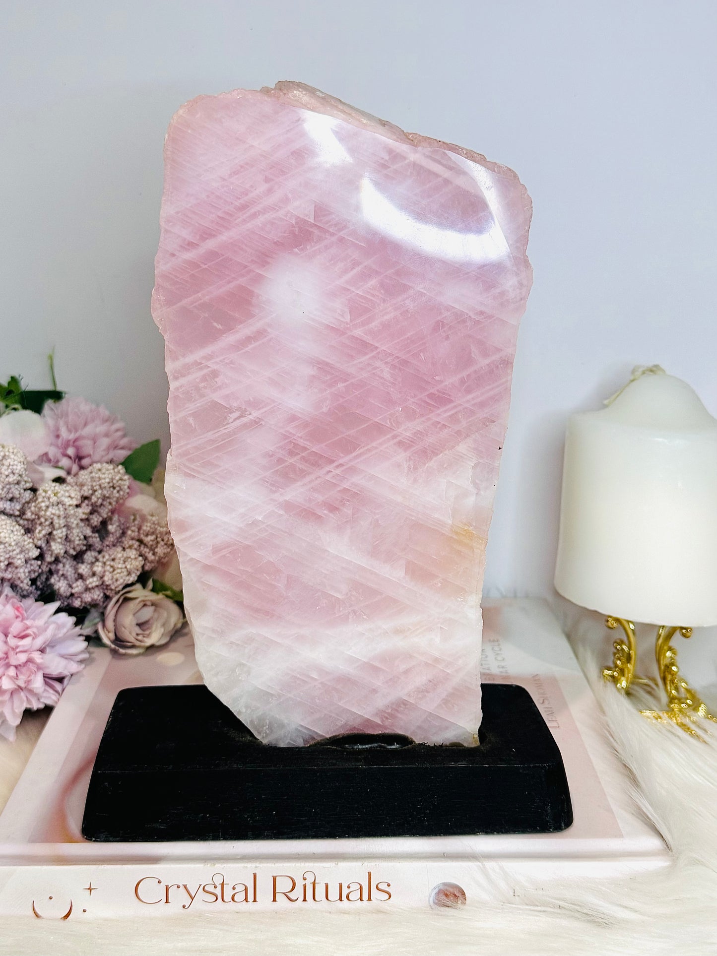 Natural Large Rose Quartz Chunky Slab on Timber Stand 1.53KG 24cm