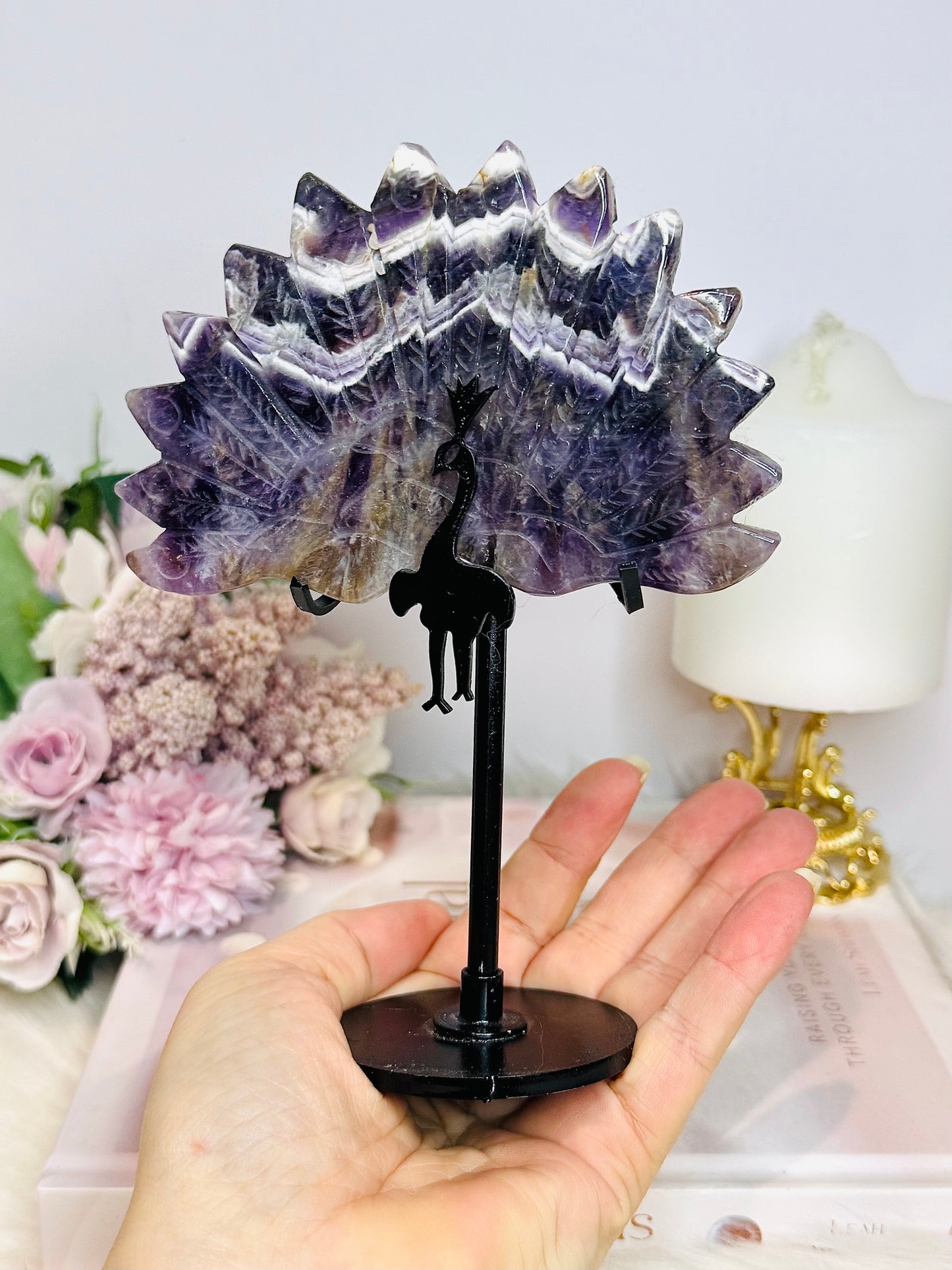 Large Chunky Dream Amethyst | Chevron Carved Peacock On Stand 16cm