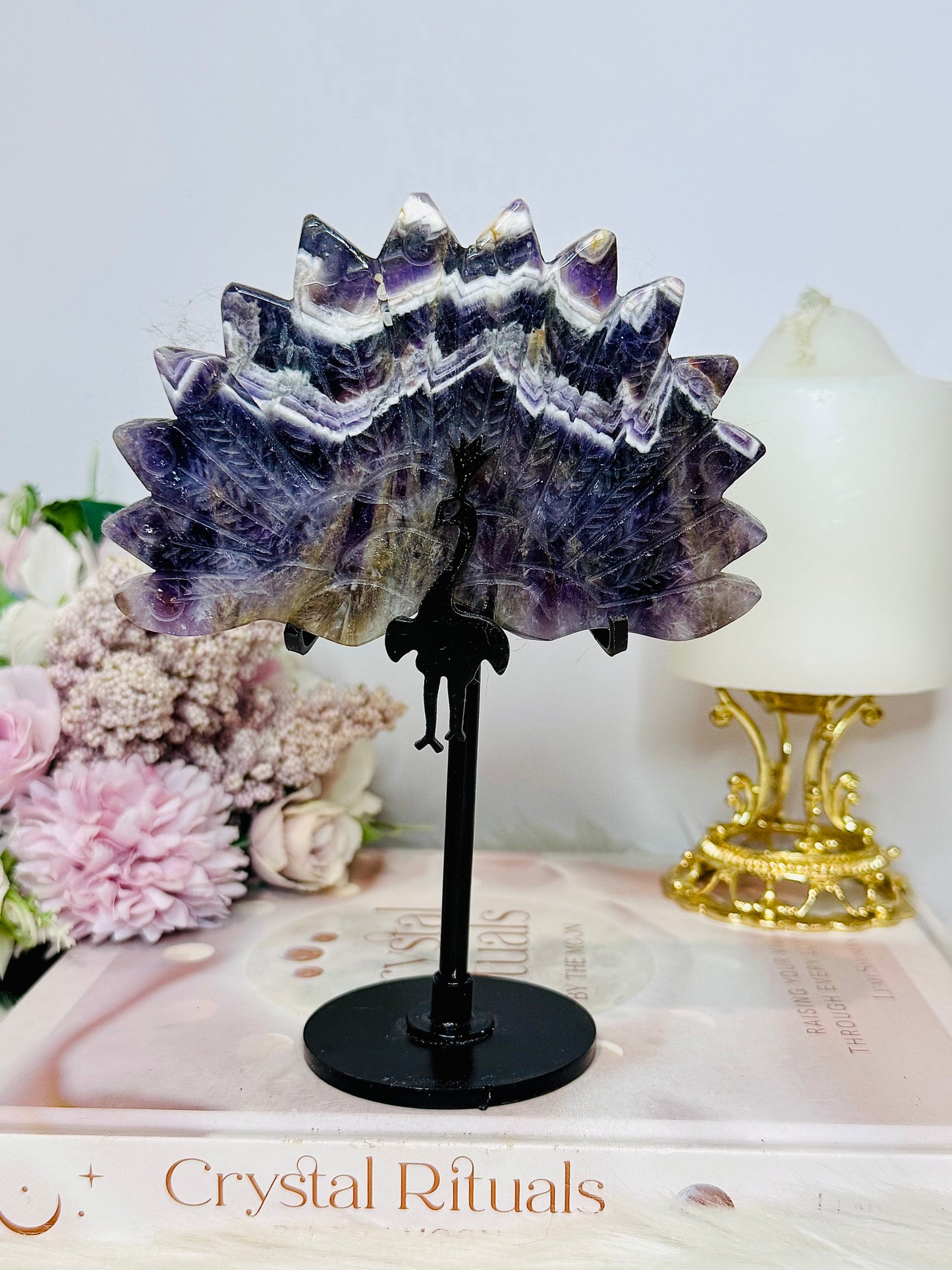 Large Chunky Dream Amethyst | Chevron Carved Peacock On Stand 16cm