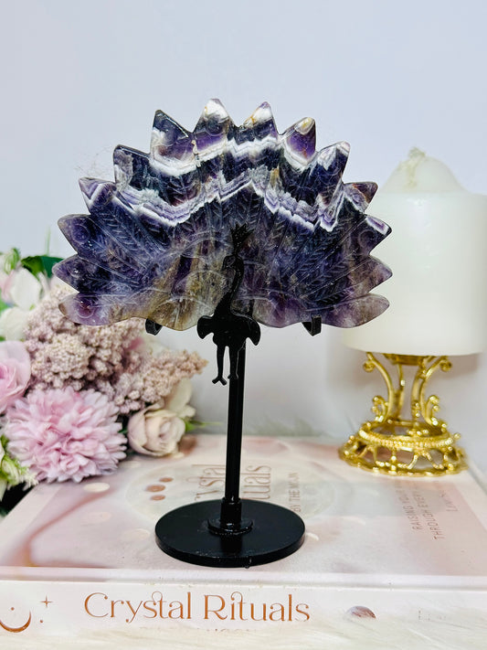 Large Chunky Dream Amethyst | Chevron Carved Peacock On Stand 16cm