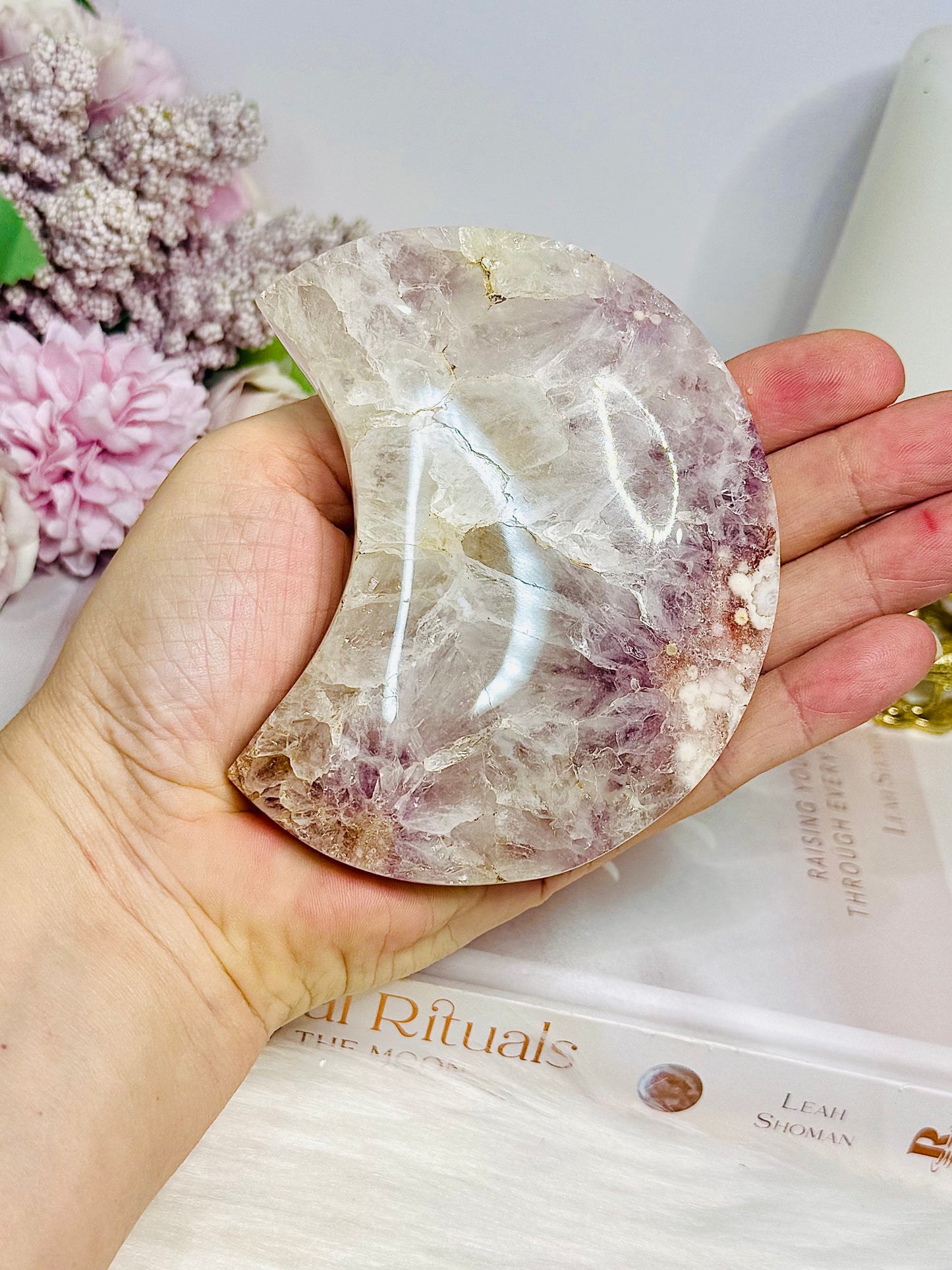 Druzy Pink Amethyst X Flower Agate Moon On Stand 17.5cm