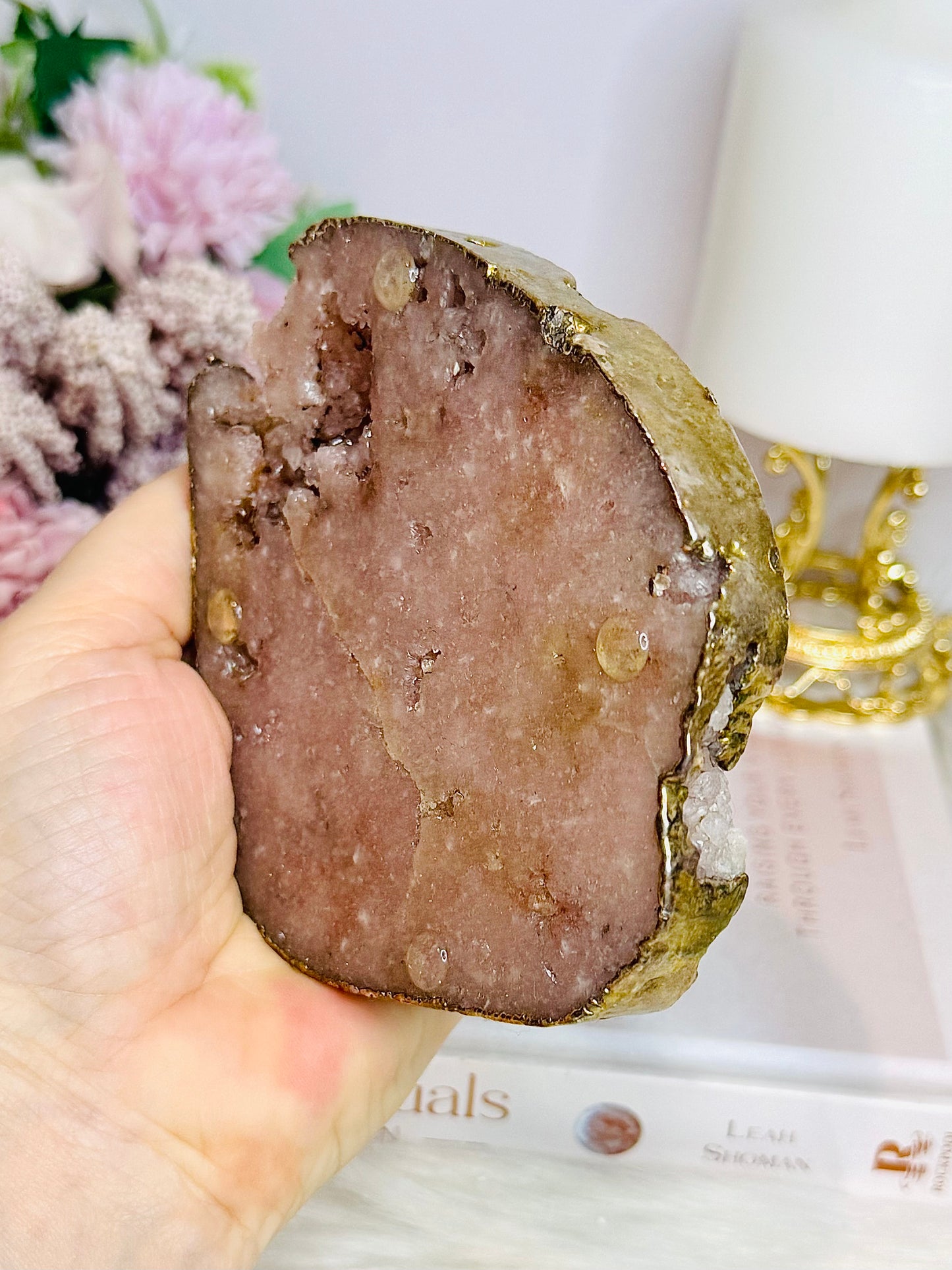Large Pink Amethyst Druzy Chunky Coaster with Gold Plating 285g