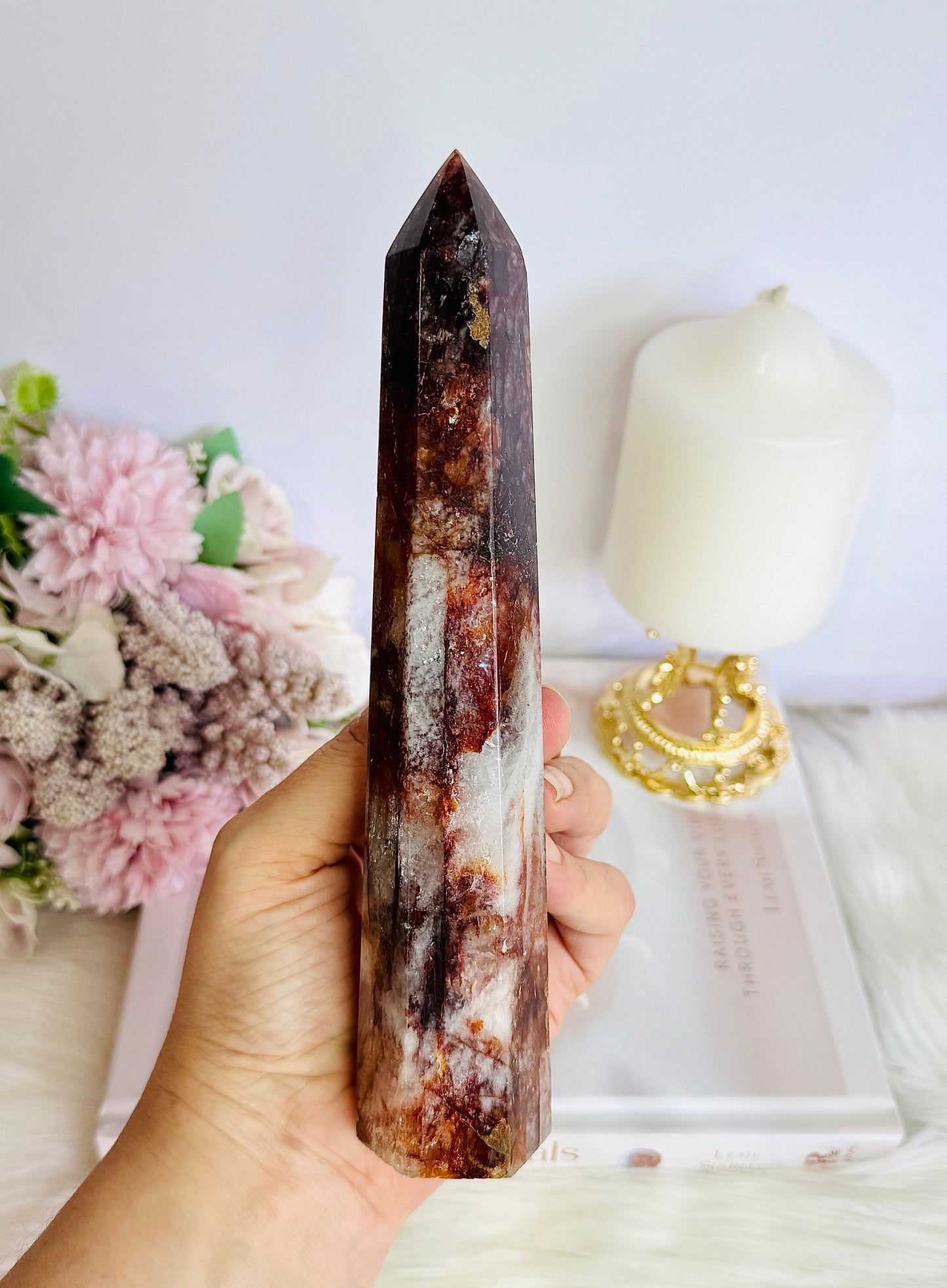 Gorgeous Tall 19cm Red Fire Quartz Tower with Hematite Inclusions