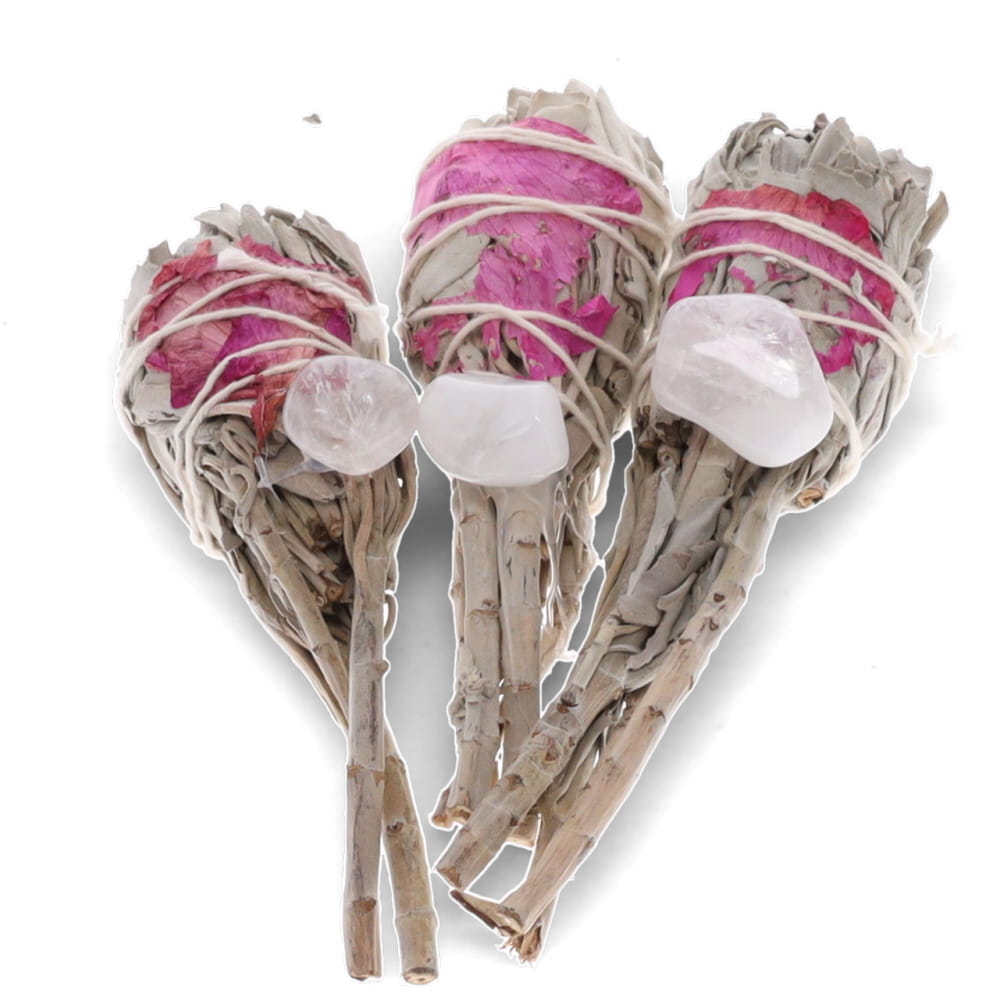 White Sage Torch with Rose Petals & Quartz 8cm Smudge Stick