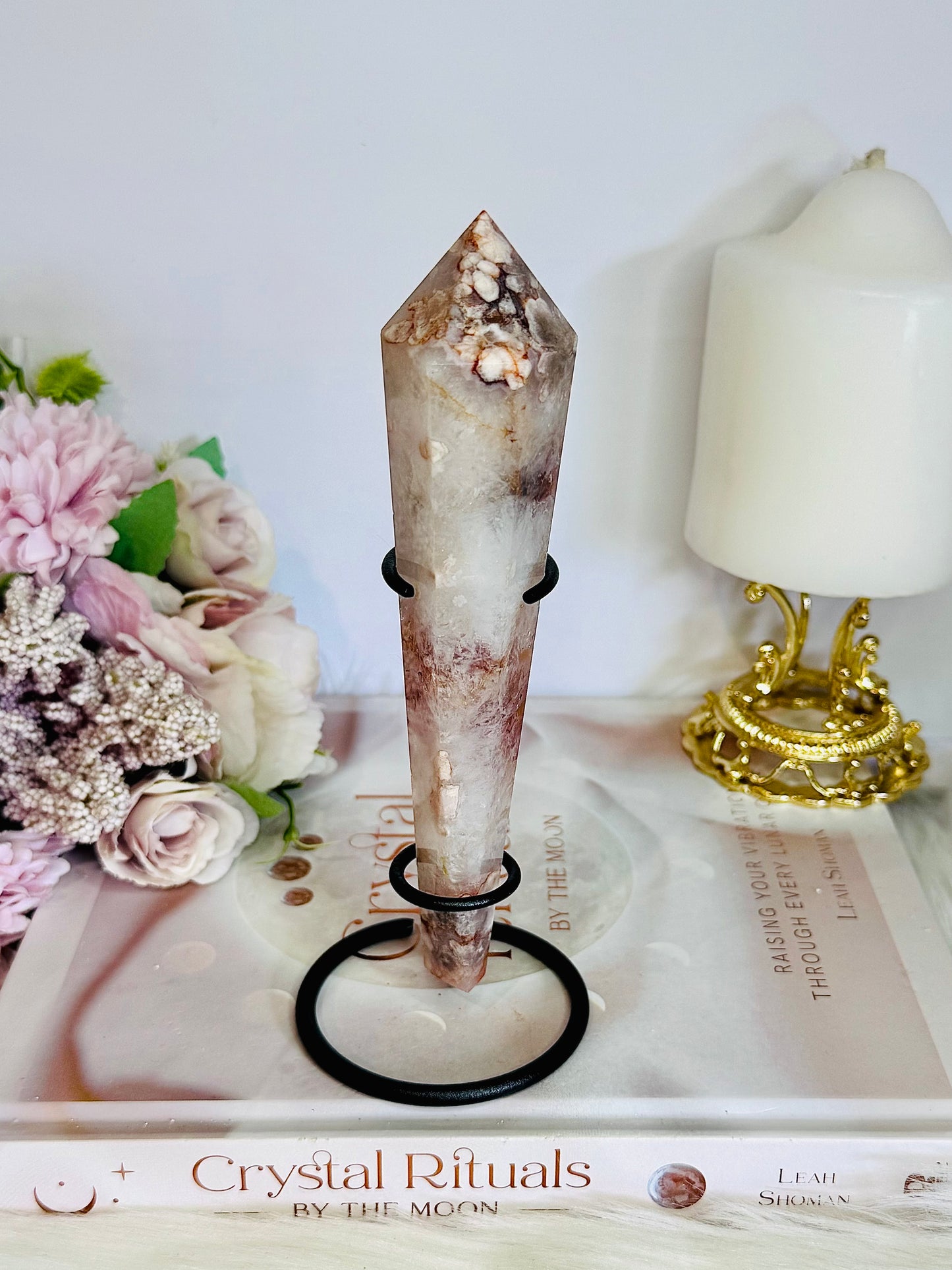 Stunning Cherry Blossom Agate Carves Wand | Tower On Stand 17cm (Inc Stand )