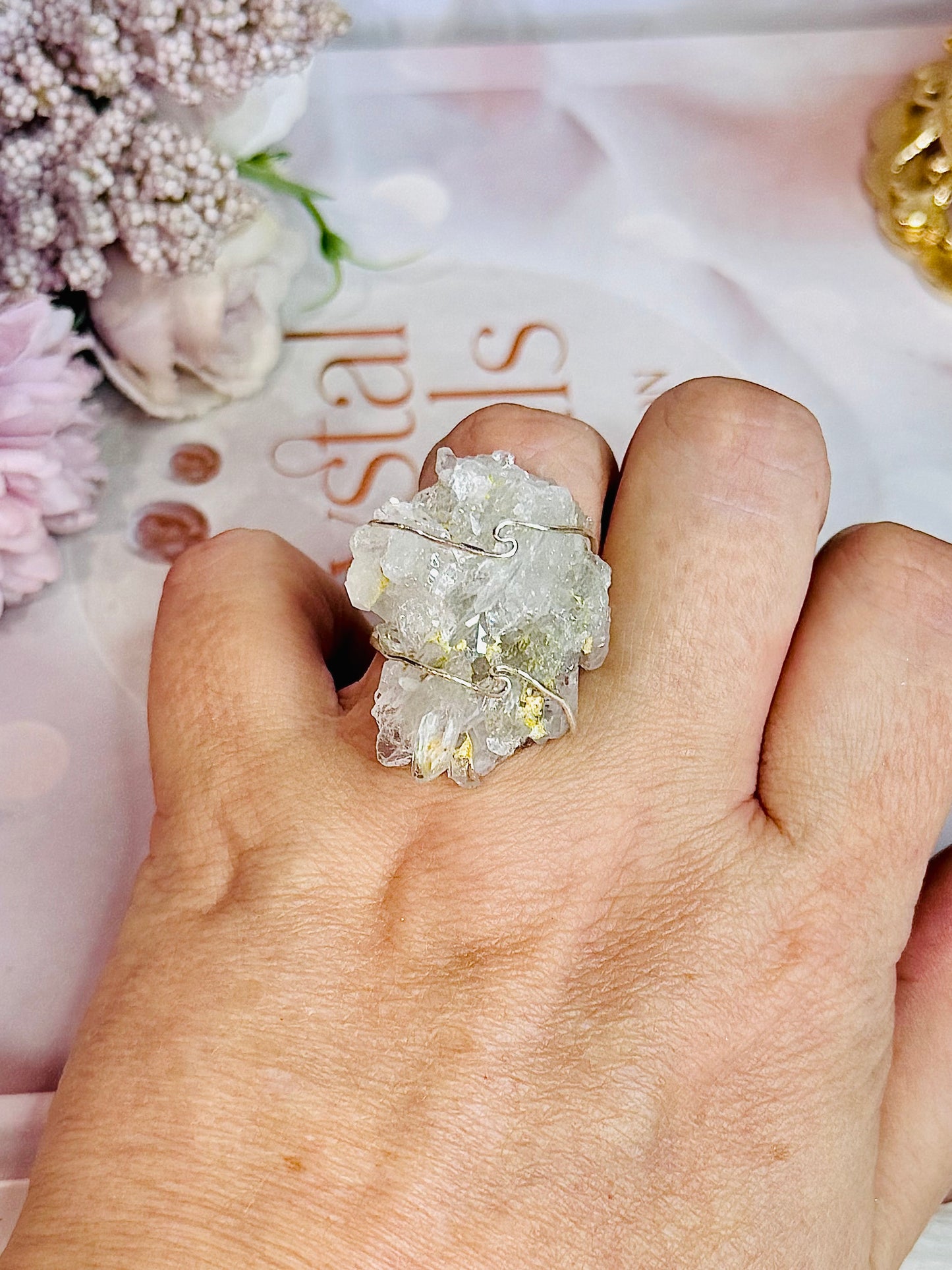 Clear Quartz Cluster Adjustable Ring In Gift Bag From Brazil