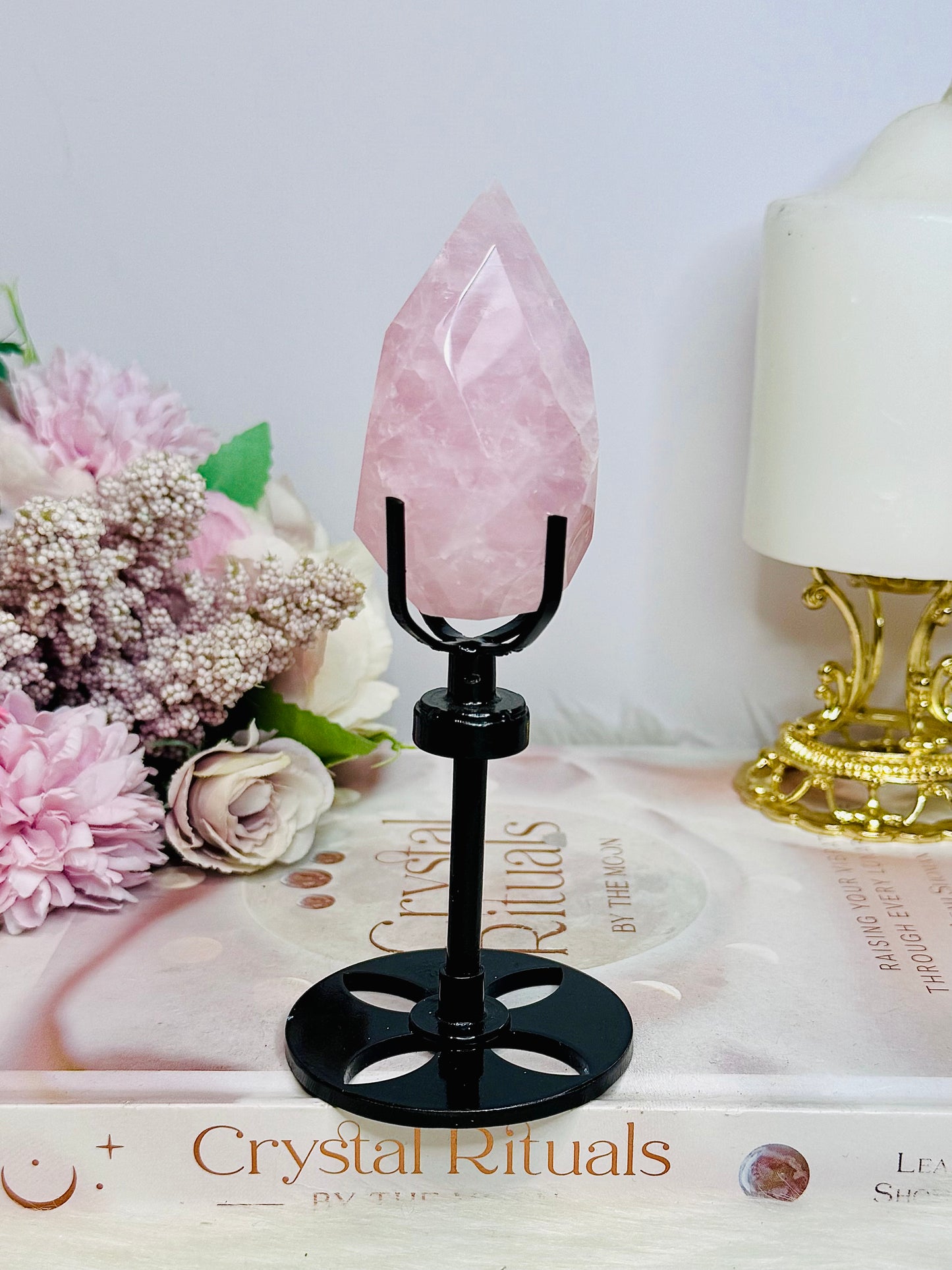High Grade Rose Quartz Carved Diamond on Stand 14cm