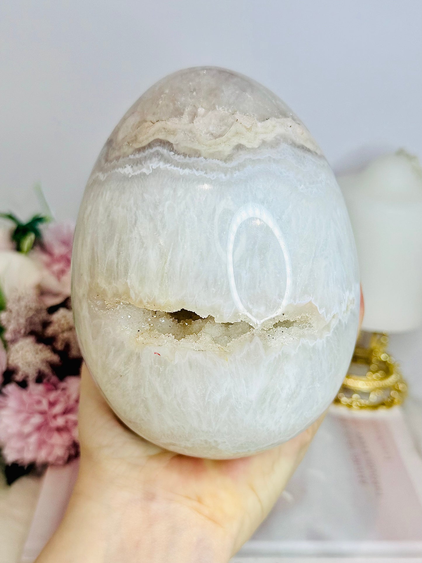 Huge Druzy Agate Carved Egg On Stand 1.75KG