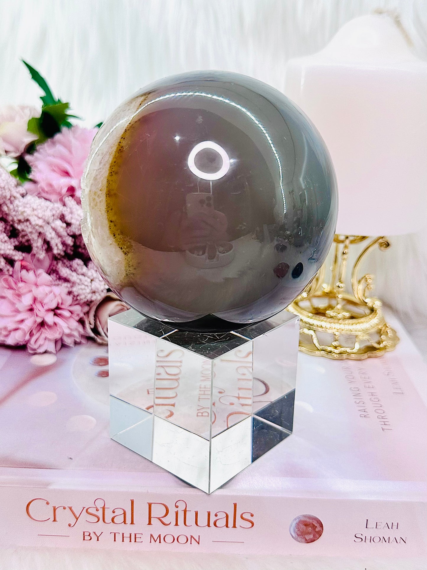 Magical & Incredible Large 821gram Perfect Druzy Agate Sphere On Stand From Brazil (Glass stand in pic is display only)