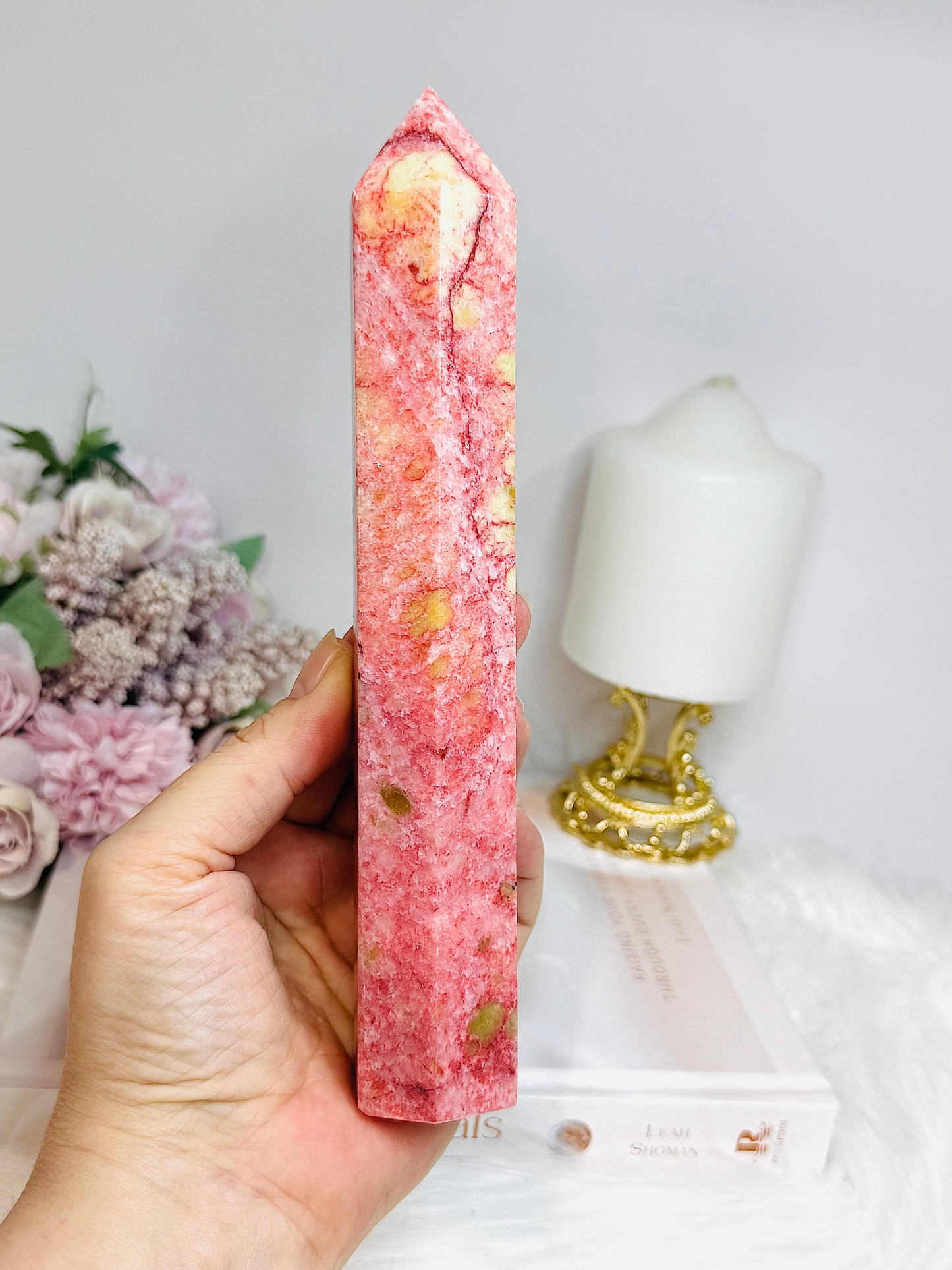 Rare Large Thulite Tower with Epidote Inclusions 20cm