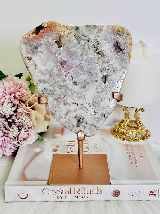 Large 21cm Natural Pink Amethyst Druzy Slab On Rose Gold Stand