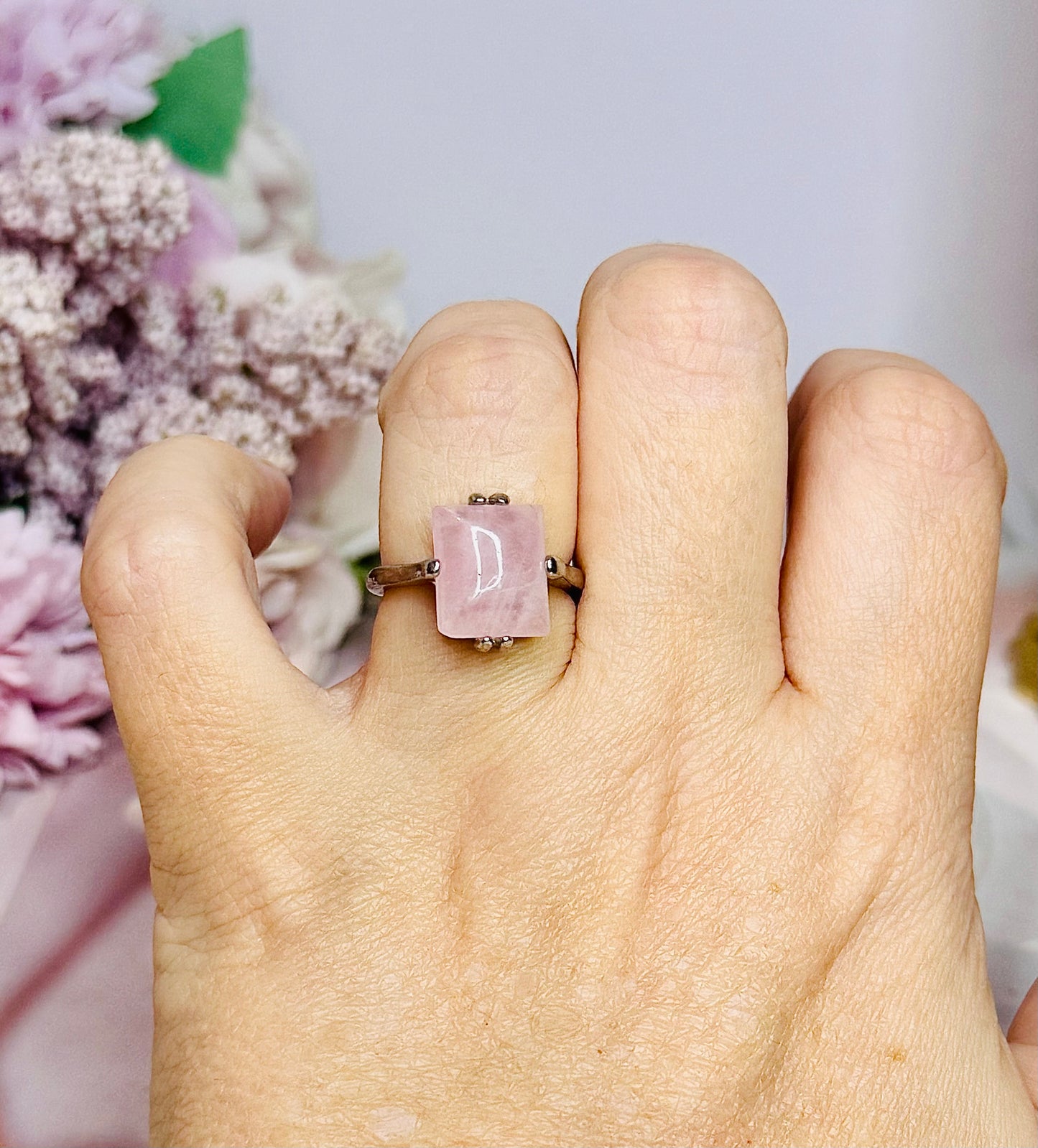 Rose Quartz Silver Ring Size N In Gift Bag