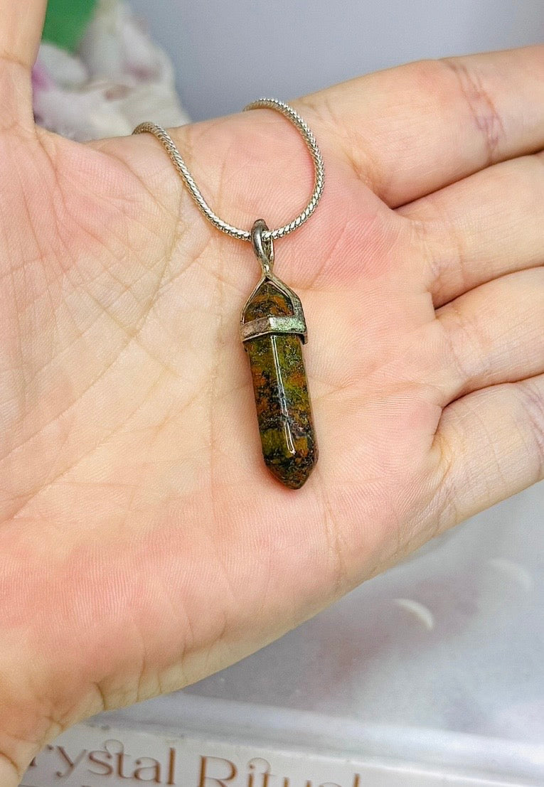 Unakite Pendant on Silver Chain in Gift Bag