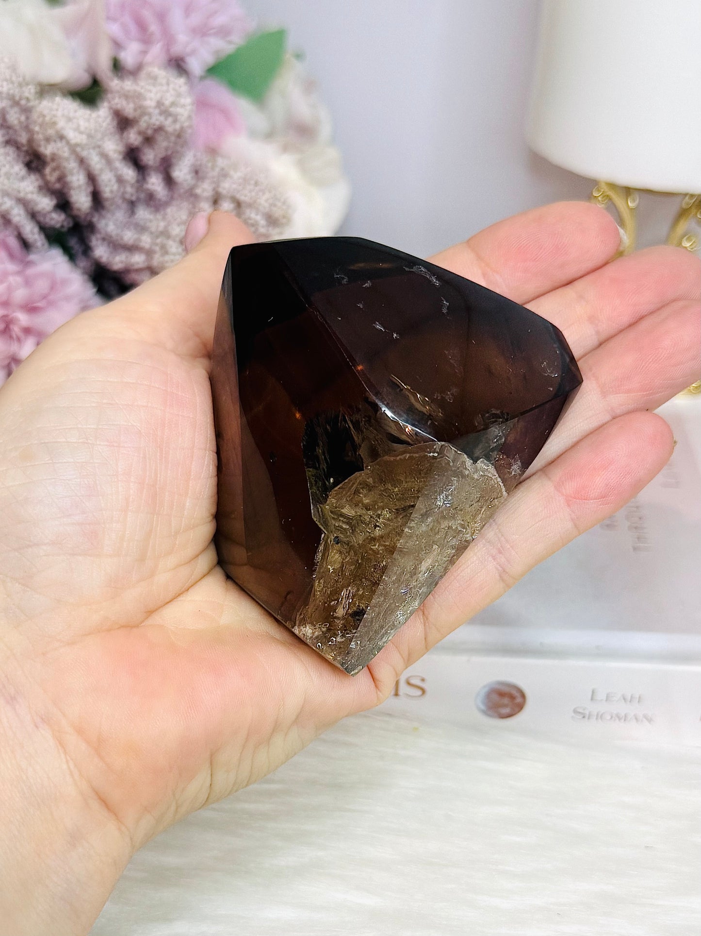 High Grade Smokey Quartz Polished Freeform With Rainbows On Stand 375g