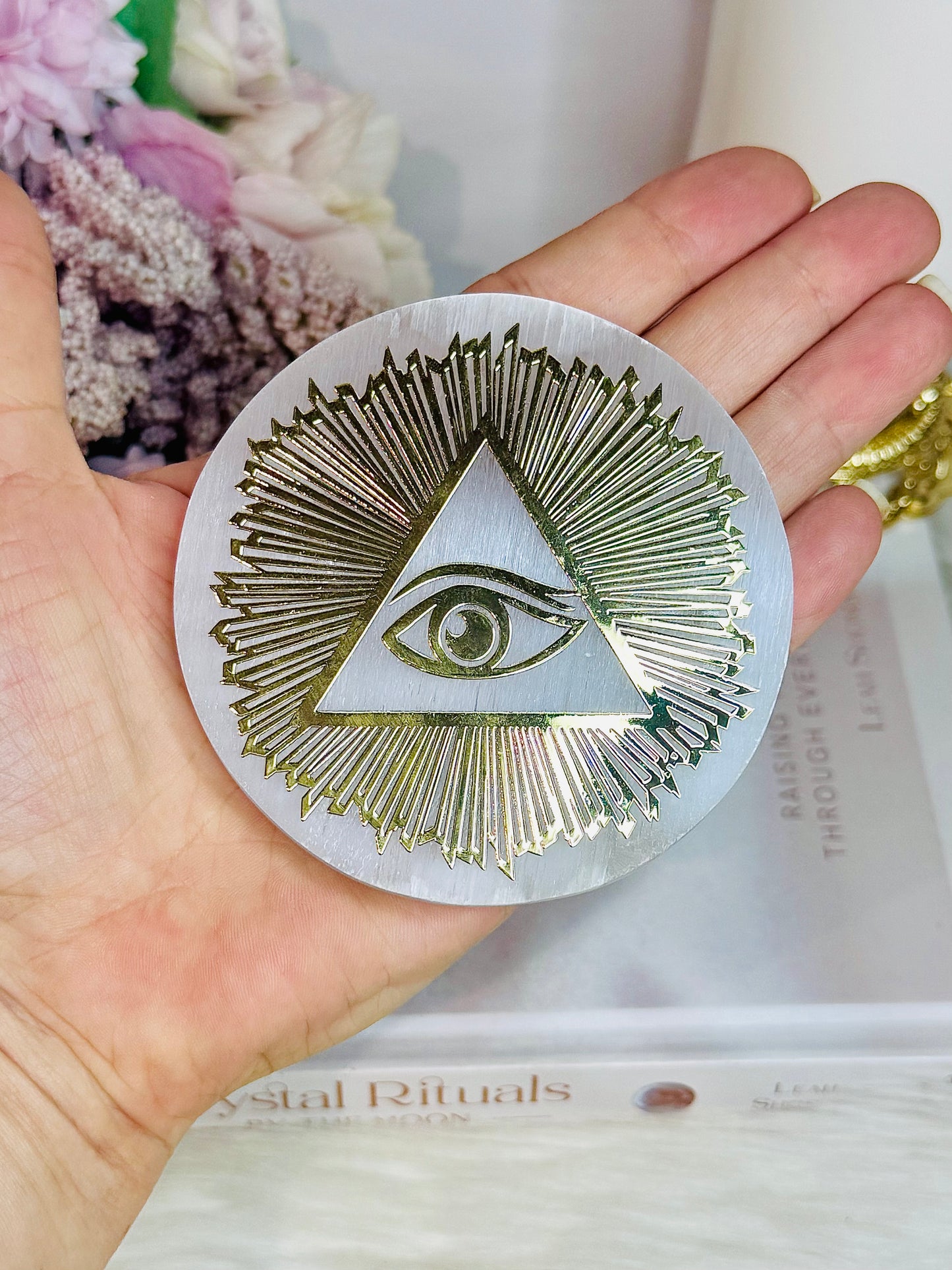Amazing Selenite Slab with Gold Evil Eye Carving on Stand 8cm