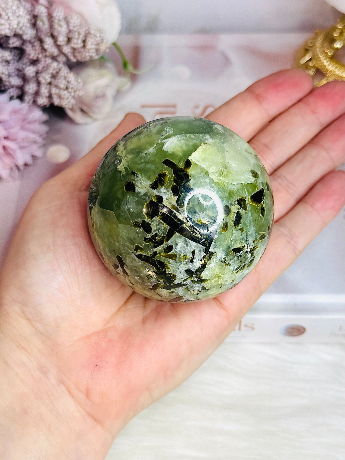 Large Prehnite with Epidote Sphere on Stand 412g (Sphere has an imperfection)