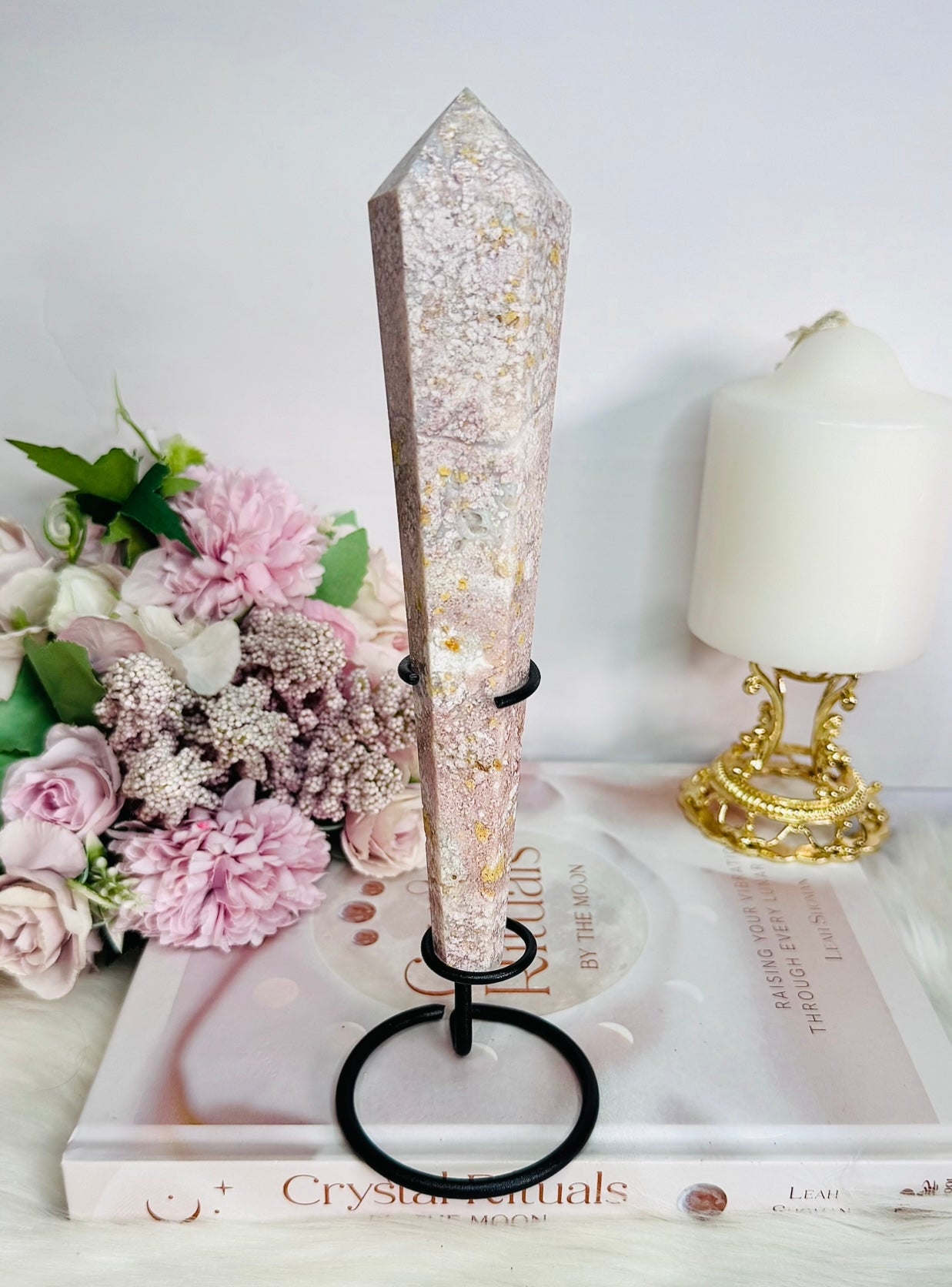 Fabulous Large 18.5cm Druzy Pink Agate Carved Wand on Stand