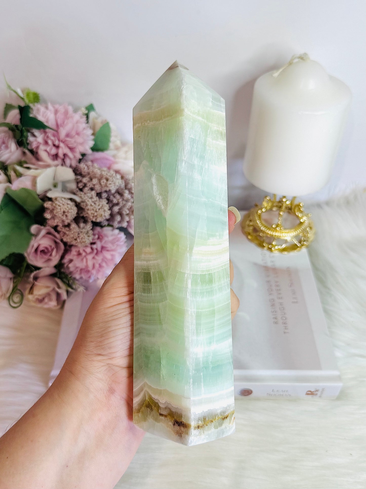 Huge 20cm Pistachio Calcite Druzy Tower
