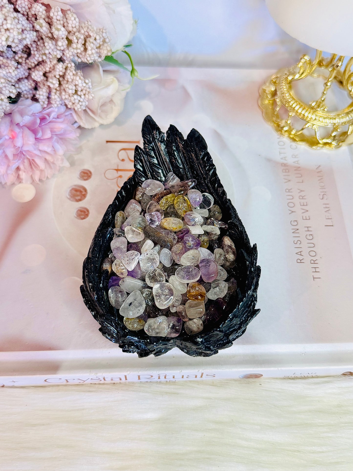 Beautiful Black Angel Wings Filled with Gorgeous Super Seven Chips