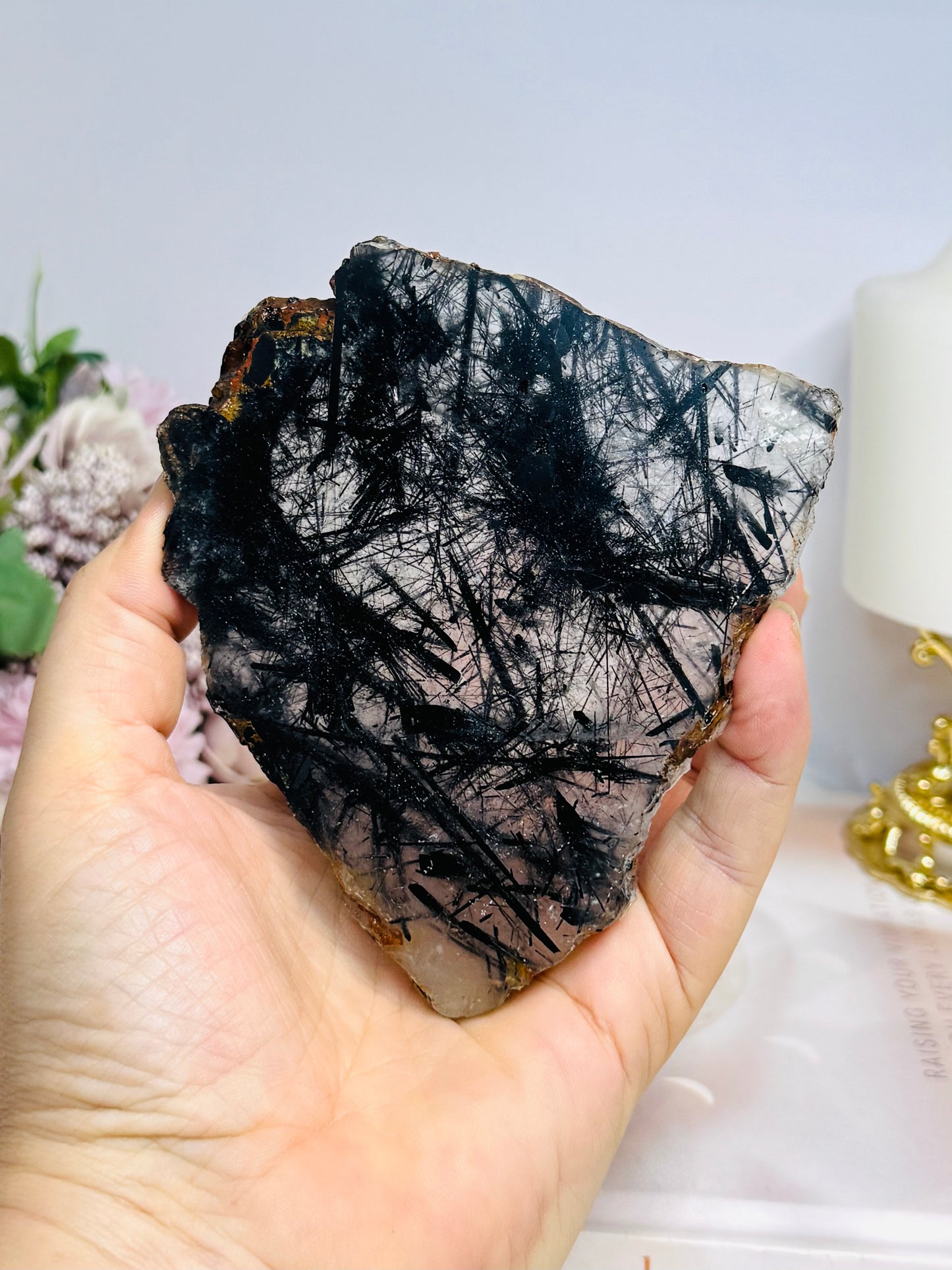 Black Tourmaline in Quartz Slab on Stand 11cm