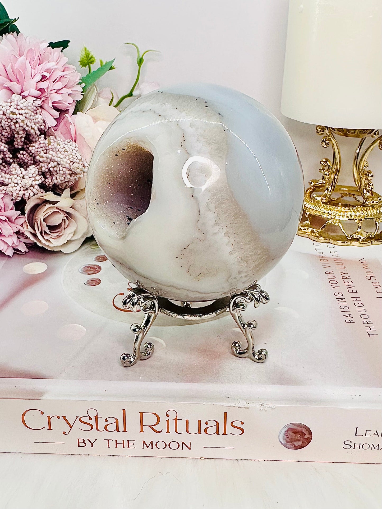 Large 529gram Sugar Druzy Agate Sphere on Stand